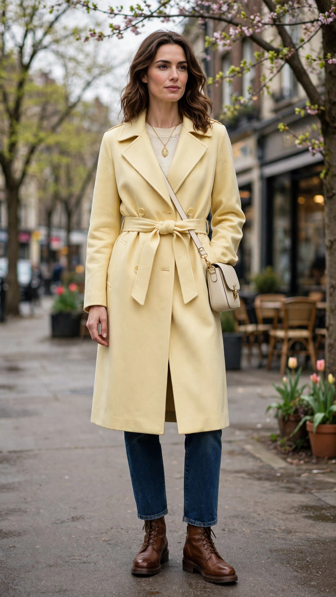 Butter Yellow Belted Coat with a gold pendant necklace