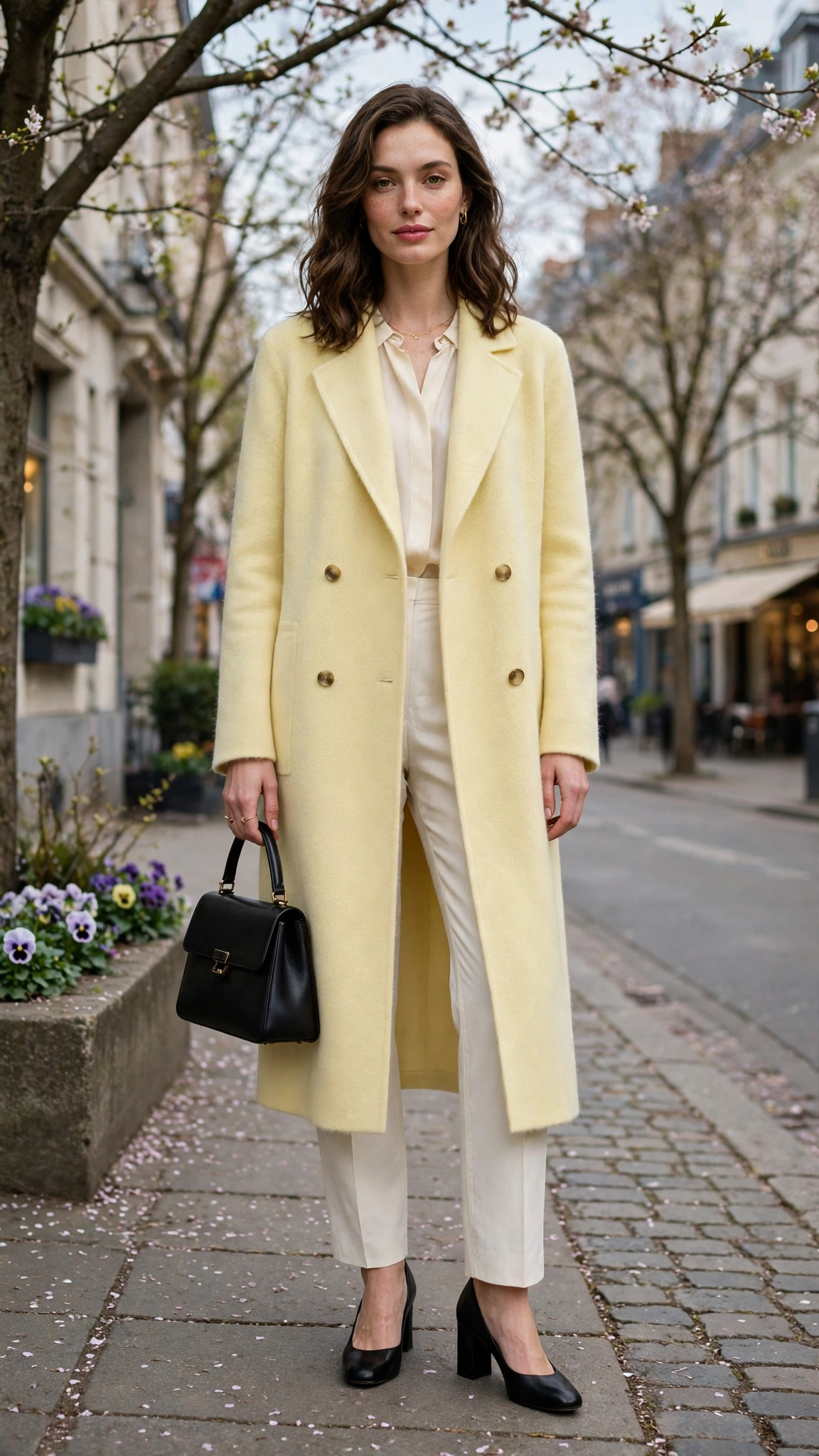 Pale Yellow Cashmere Coat with black block-heel pumps