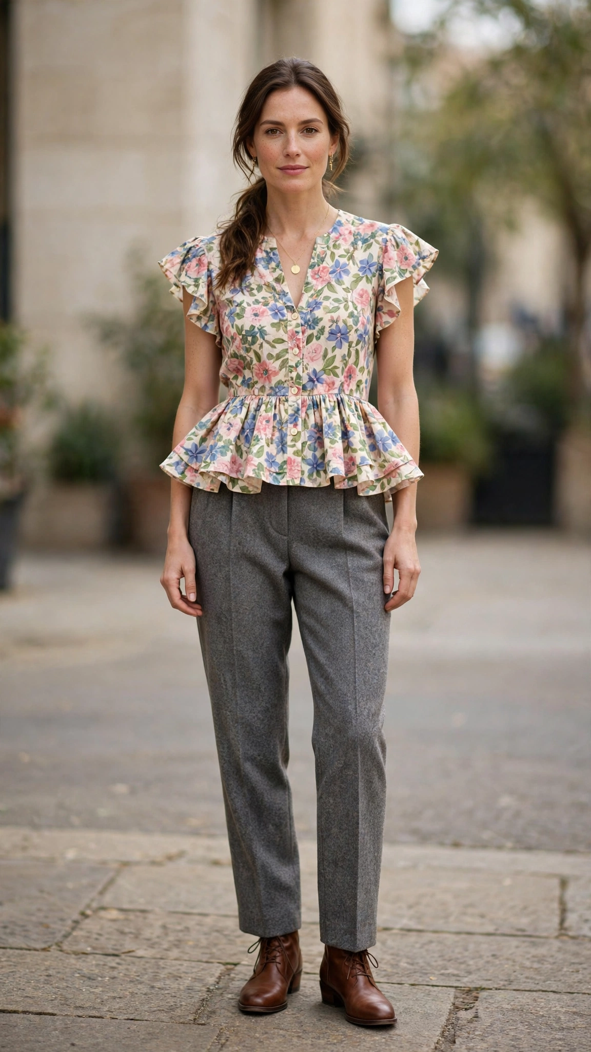 Floral Peplum Blouse and Wool Trousers with a gold pendant necklace