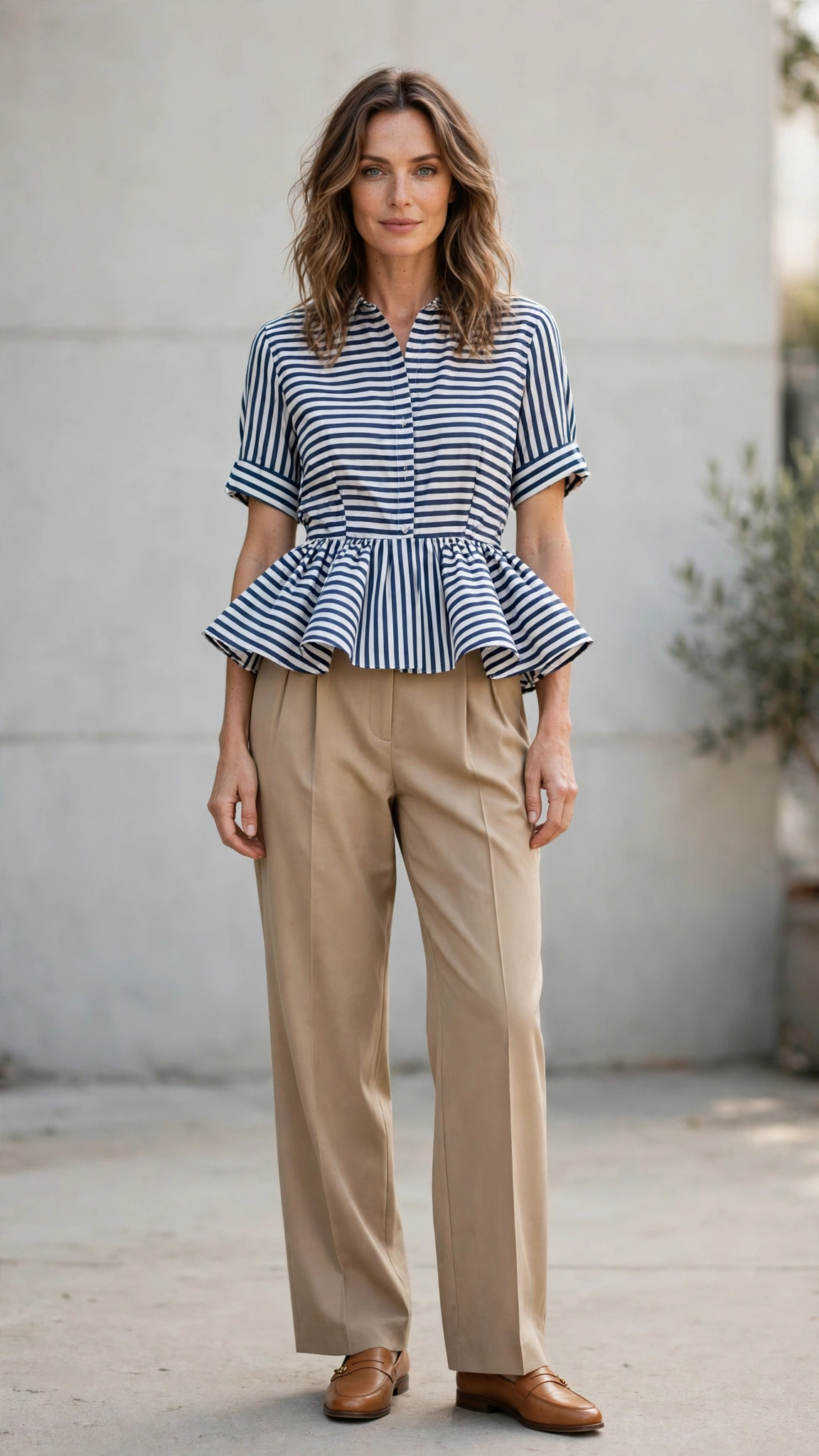 Striped Peplum Blouse and Pleated Trousers with tan leather loafers