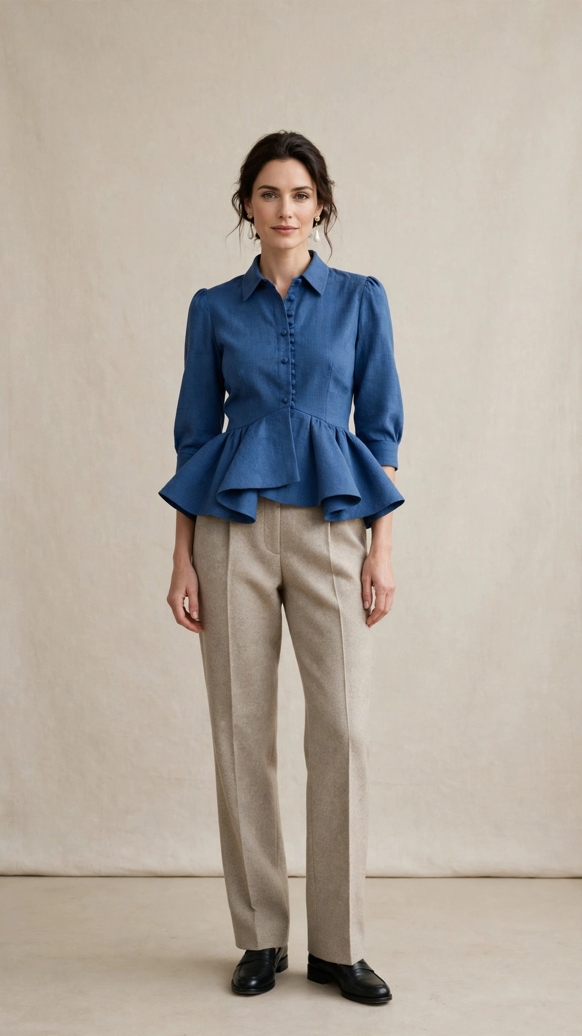 Blue Peplum Blouse and Wool Trousers with pearl drop earrings