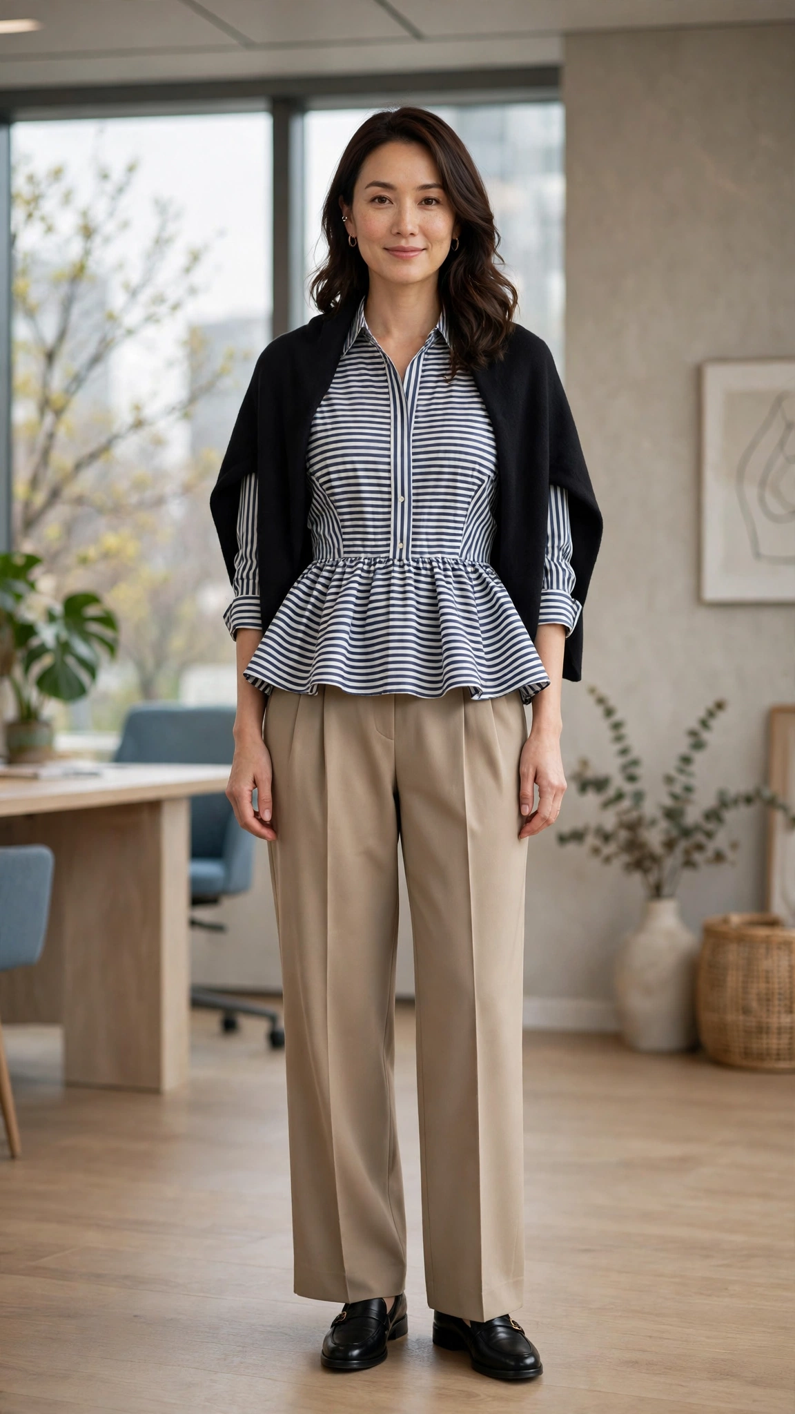 Striped Peplum Blouse and Pleated Trousers with a soft black shawl
