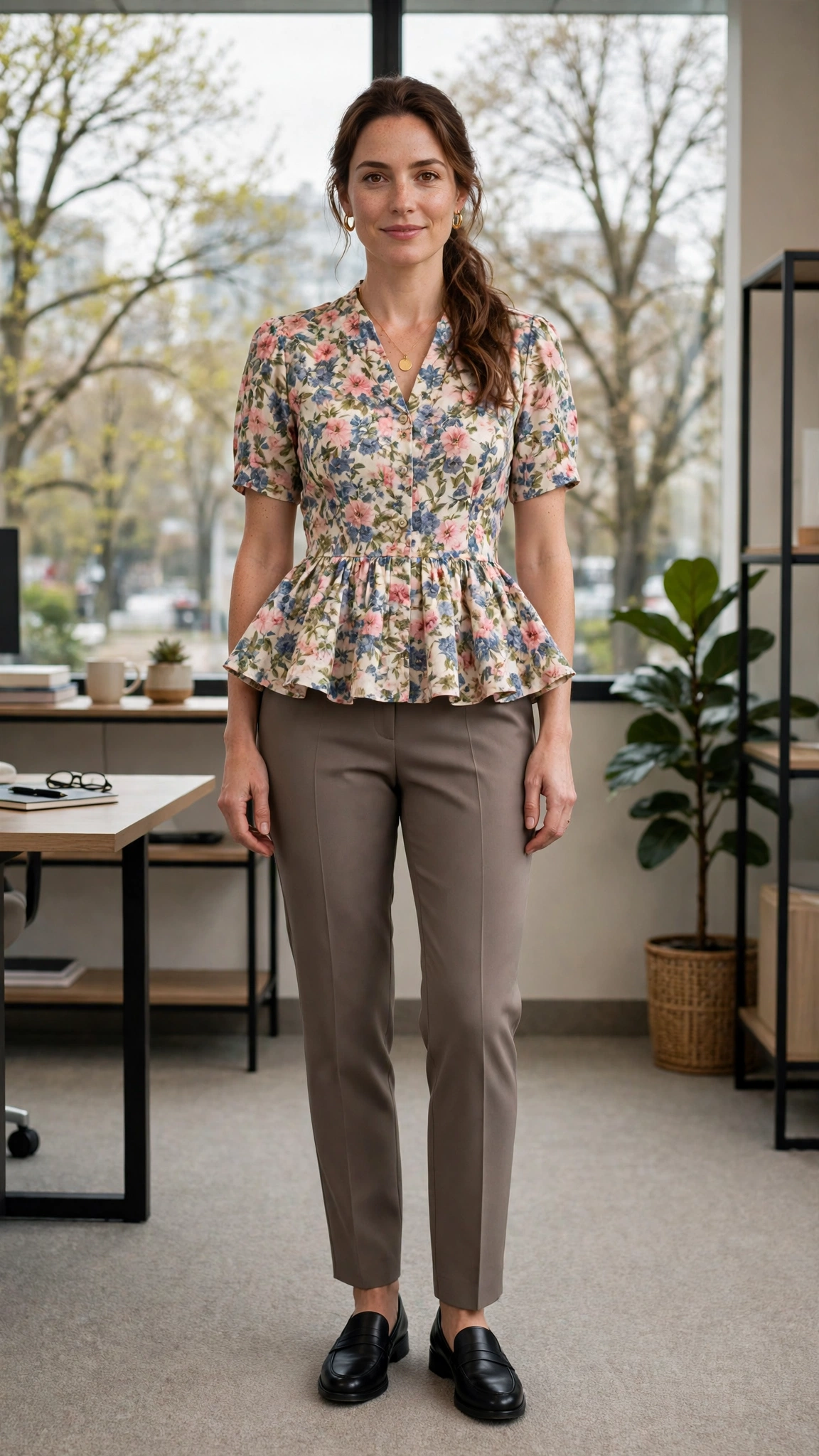 Floral Peplum Blouse and Tailored Trousers with a gold pendant necklace