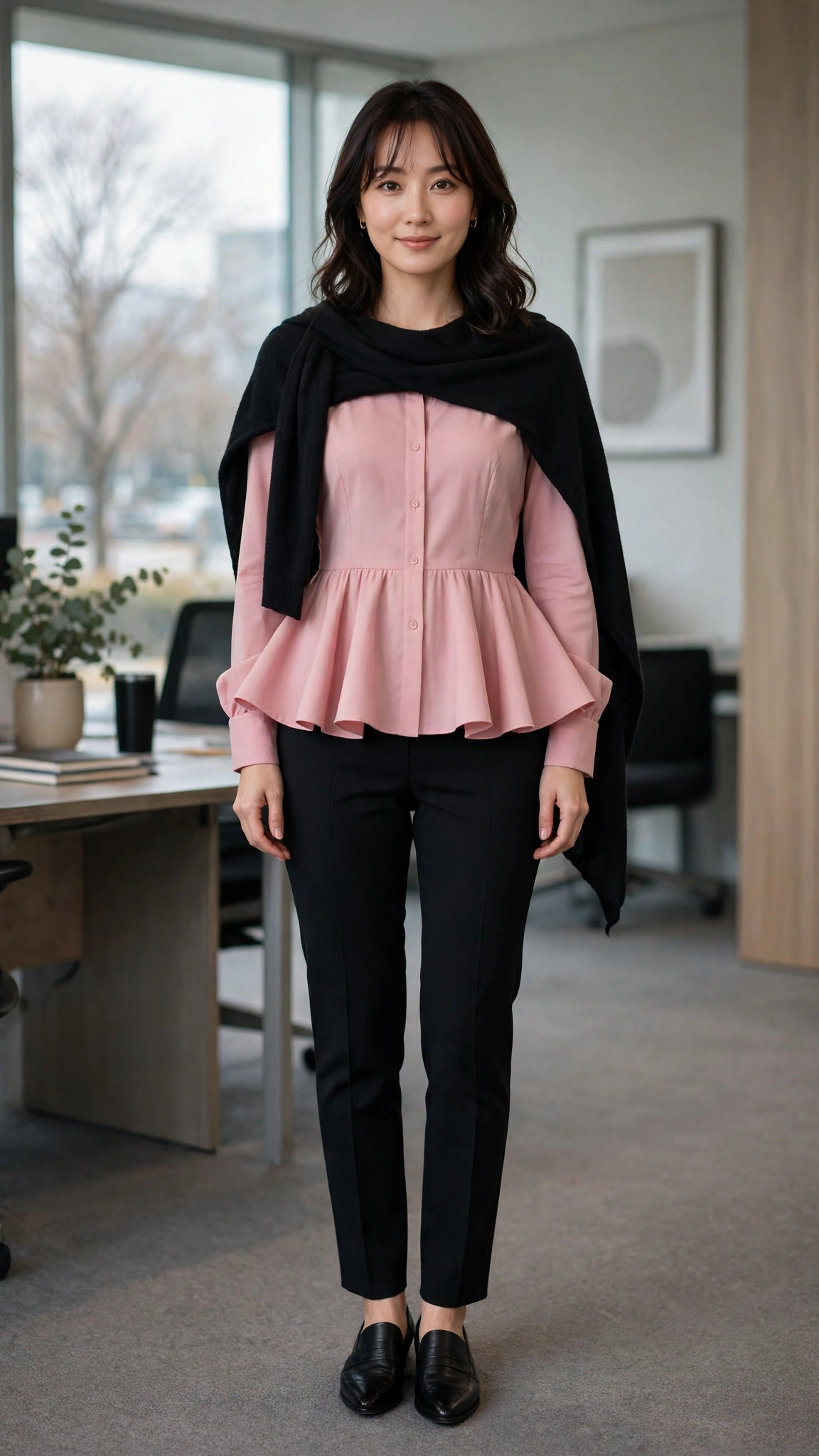Pink Peplum Blouse and Slim Trousers with a soft black shawl