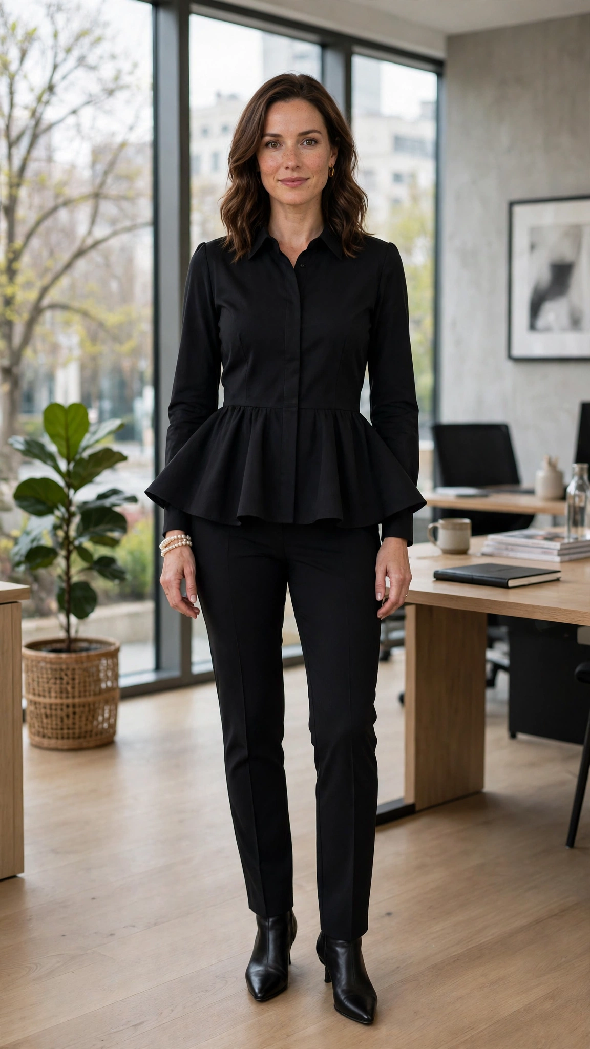 Black Peplum Blouse and Slim Trousers with a pearl bracelet