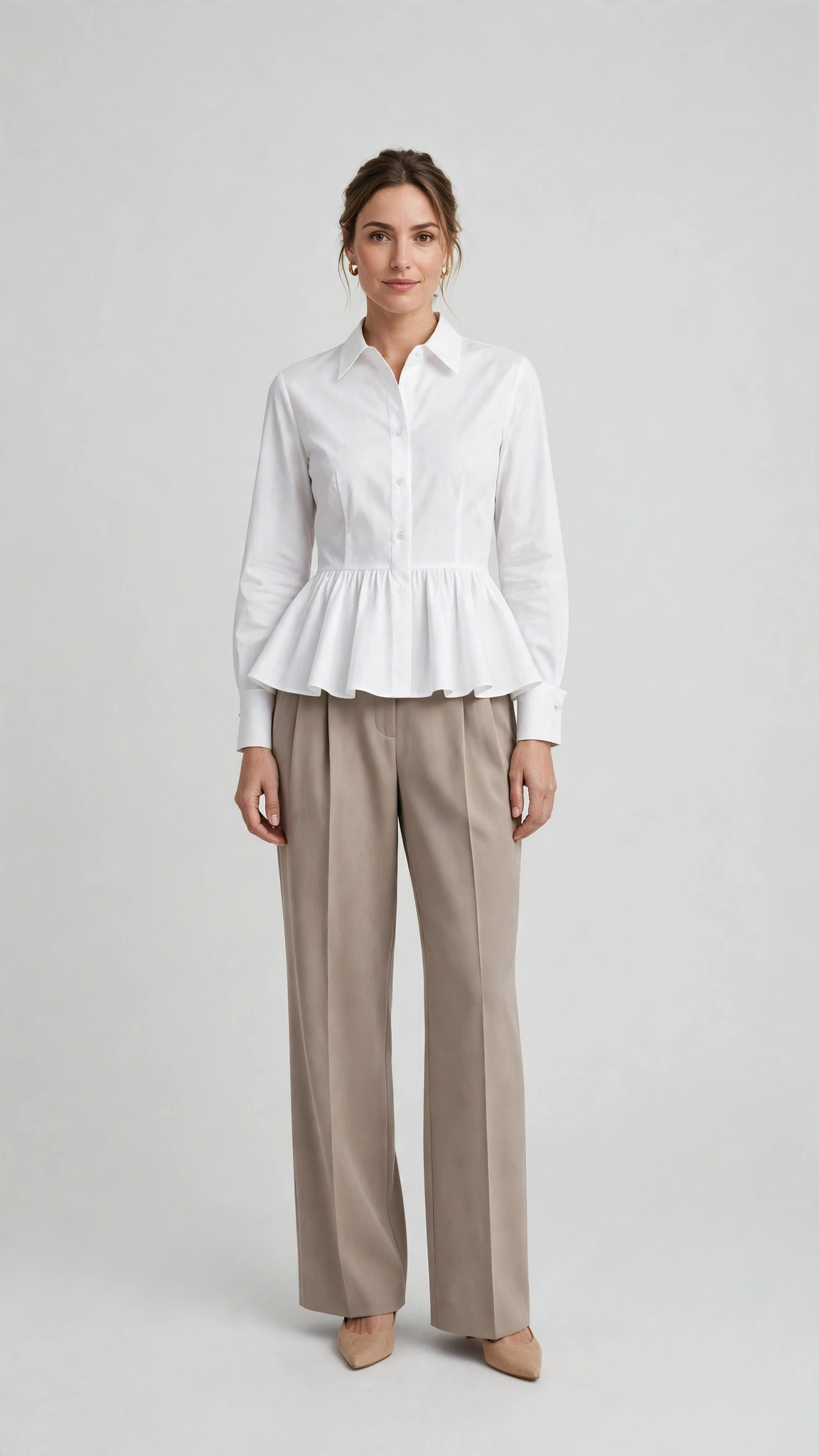 White Peplum Blouse and Pleated Trousers with nude pointed flats