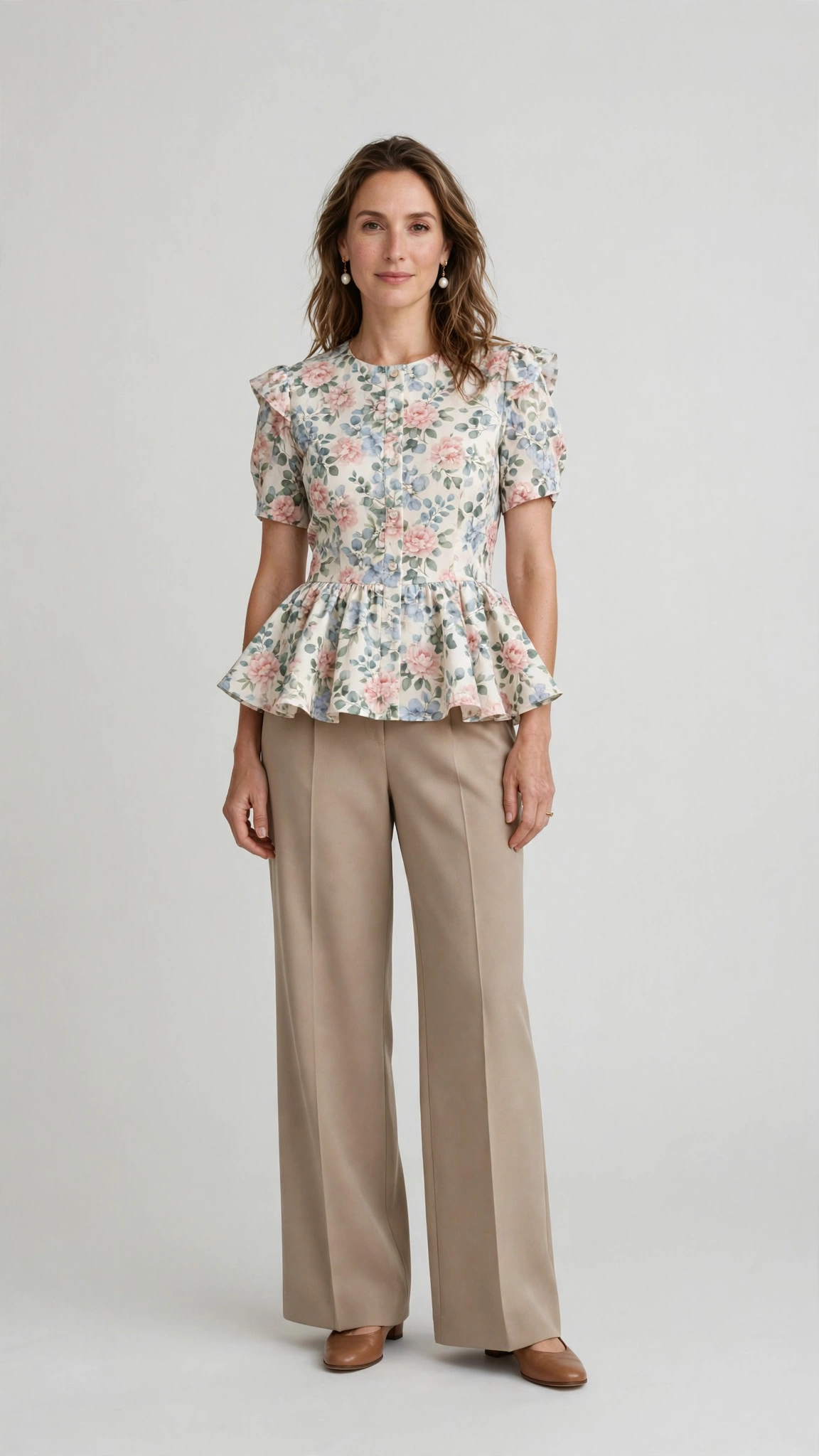 Floral Peplum Blouse and Wide-Leg Trousers with pearl drop earrings