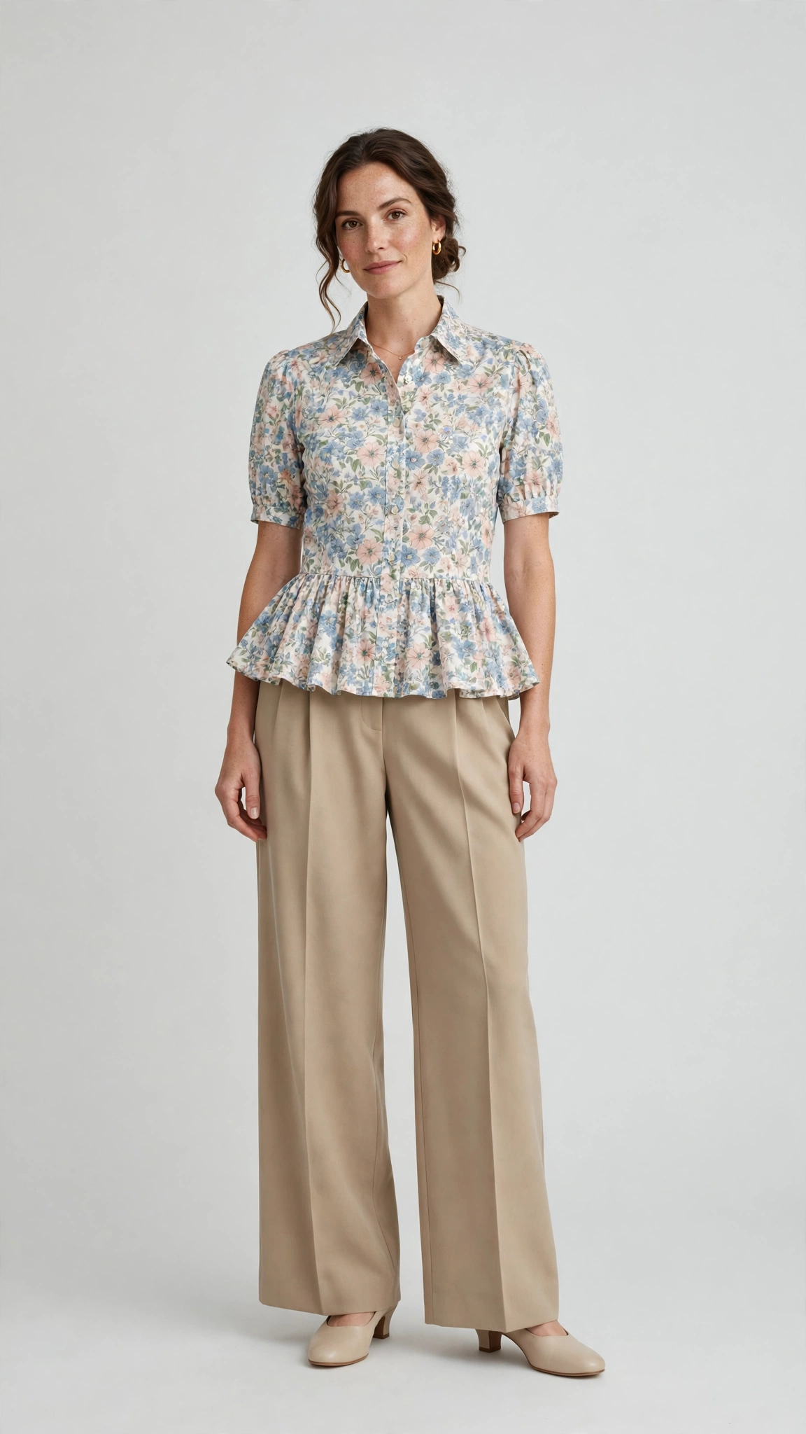 Floral Peplum Blouse and Wide-Leg Trousers with comfortable low heels