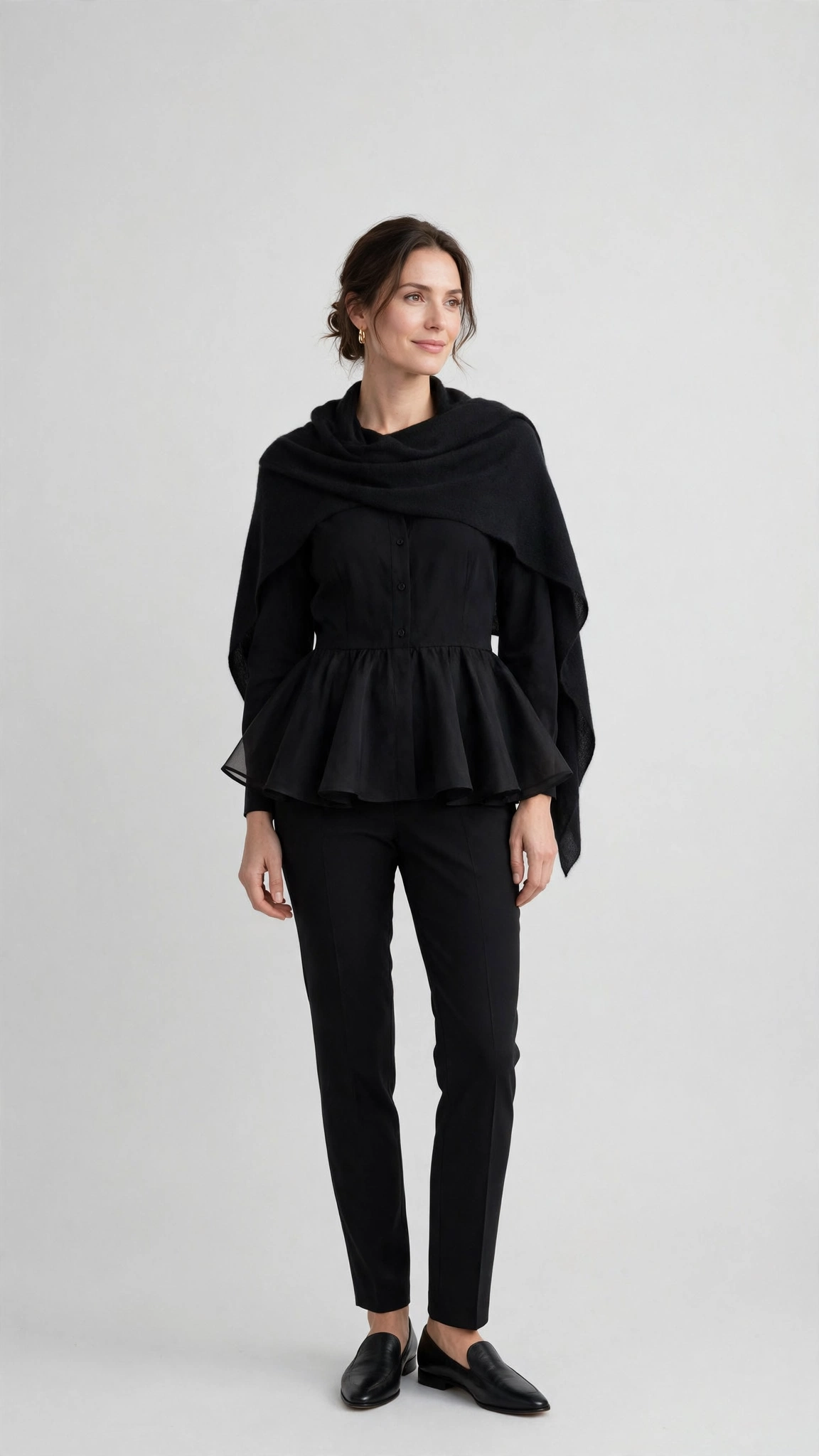 Black Peplum Blouse and Slim Trousers with a soft black shawl