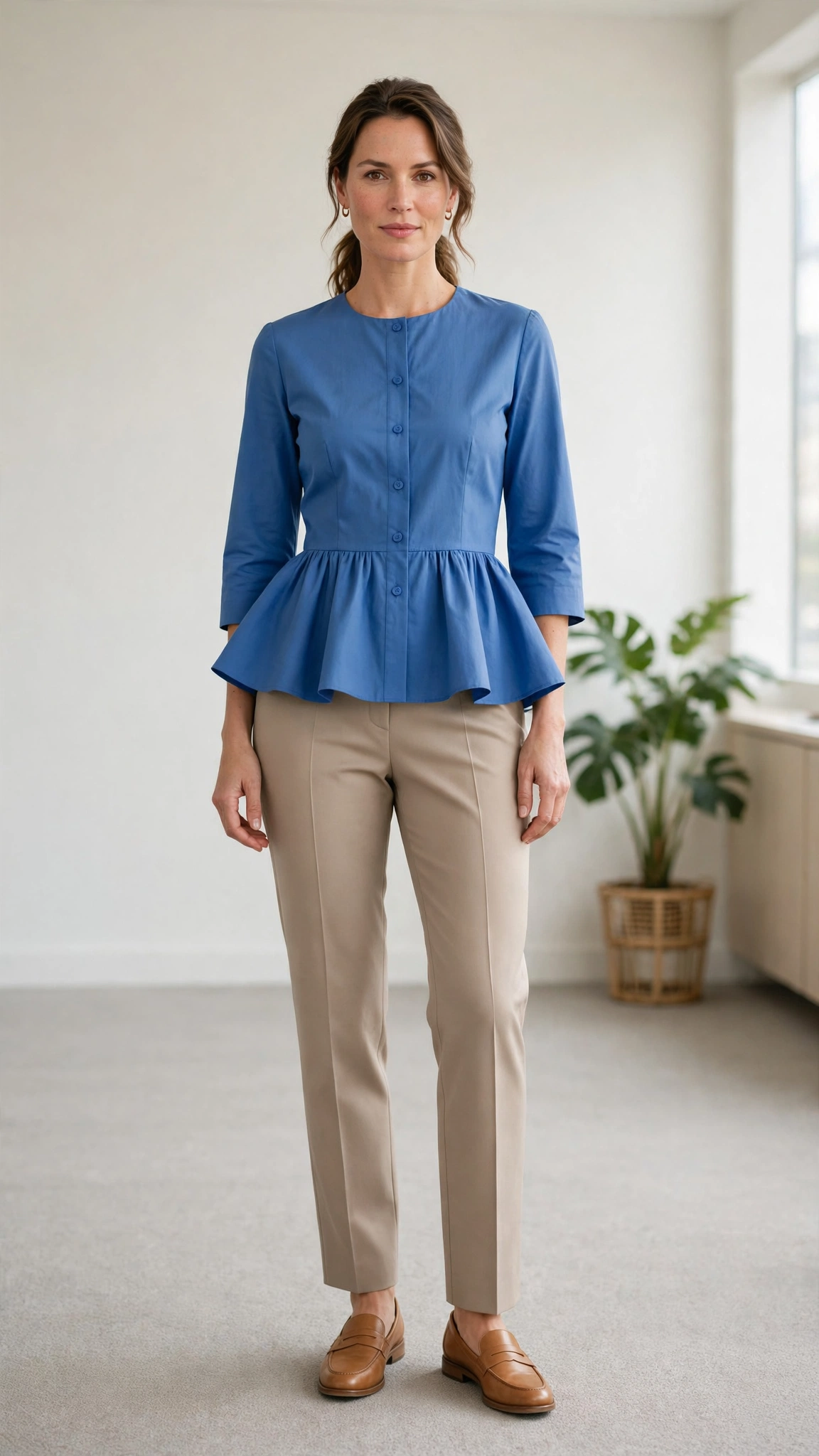 Blue Peplum Blouse and Tailored Trousers with tan leather loafers