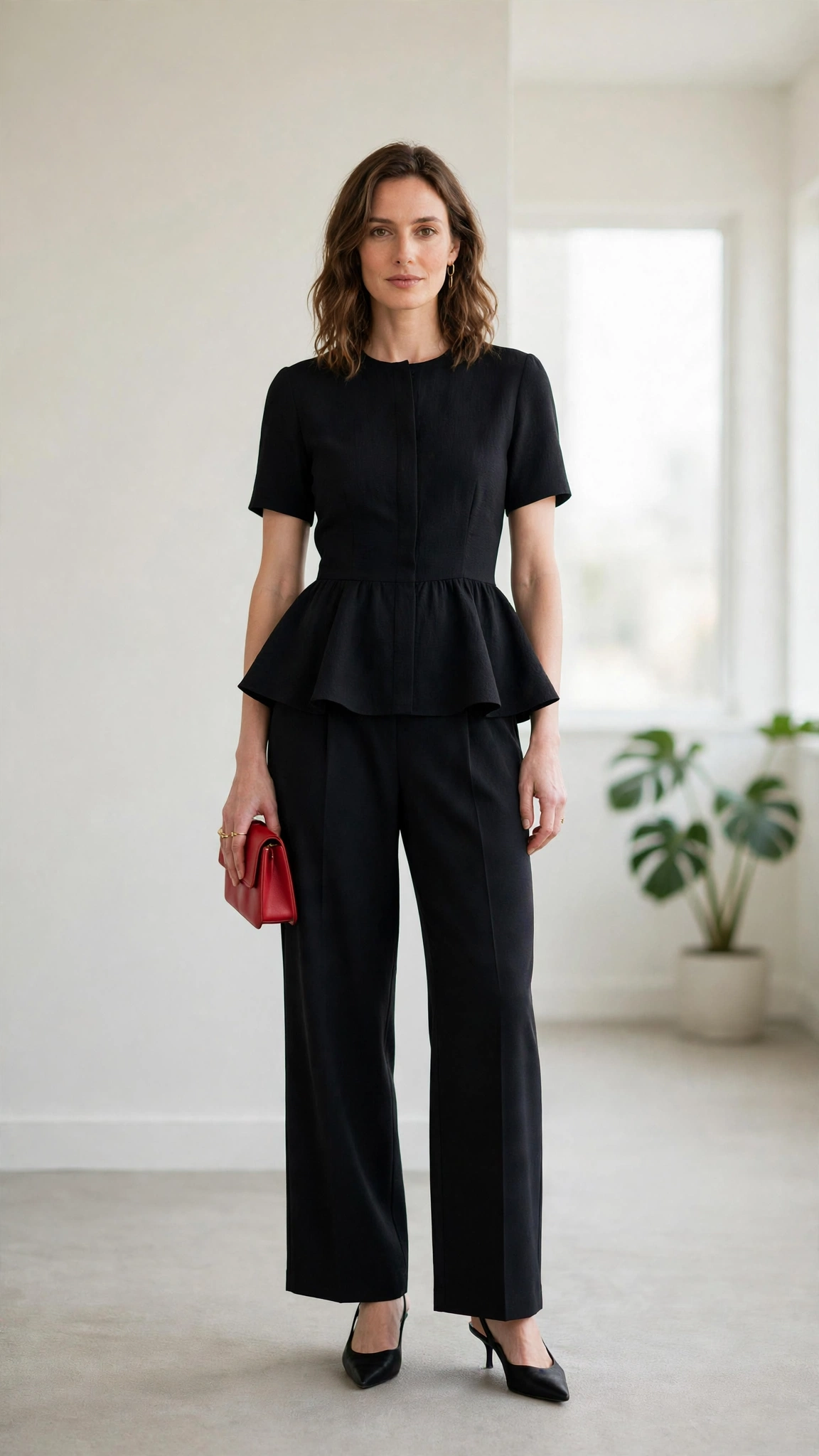 Black Peplum Blouse and Wide-Leg Trousers with a red clutch