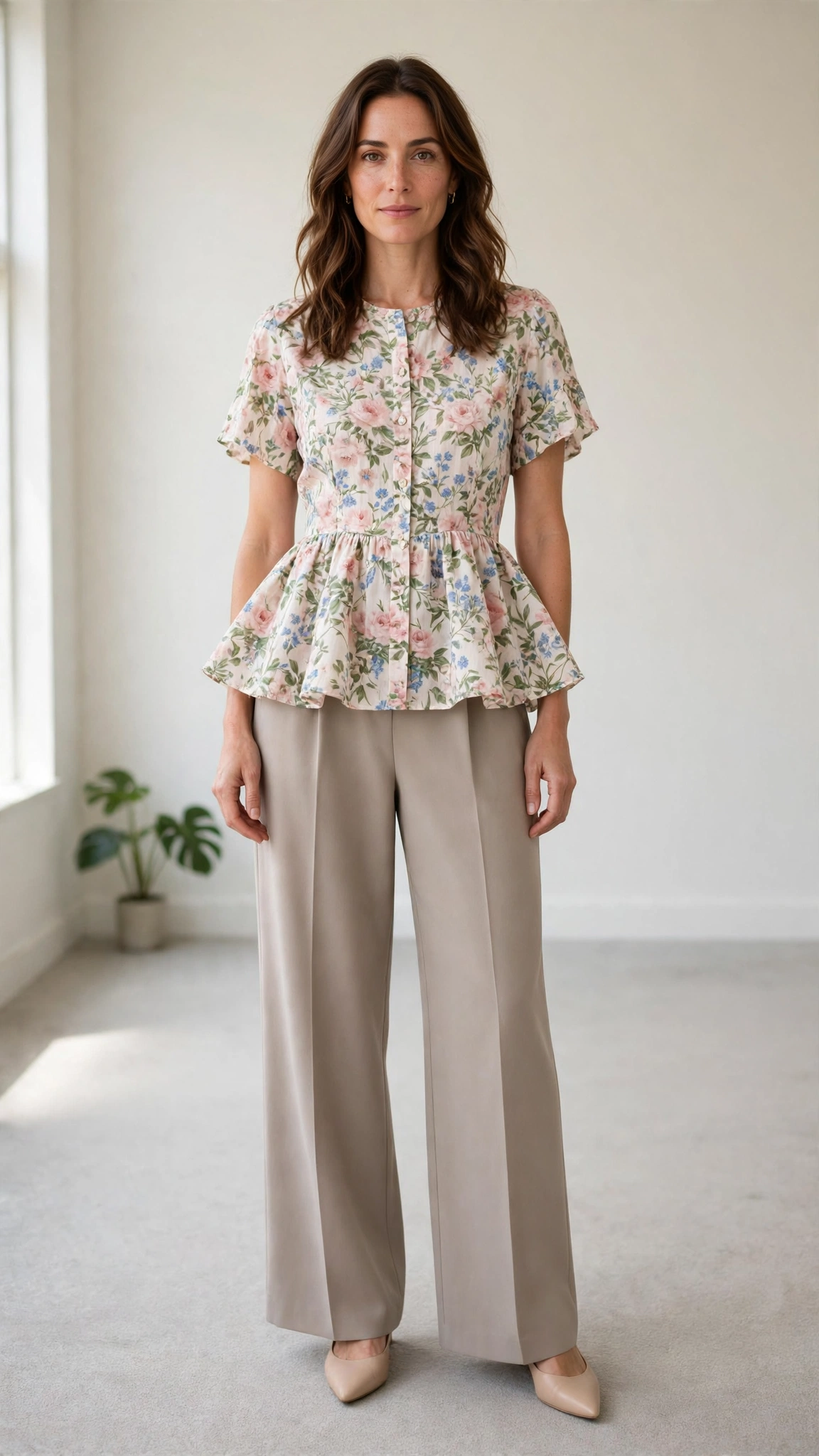 Floral Peplum Blouse and Wide-Leg Trousers with nude pointed flats