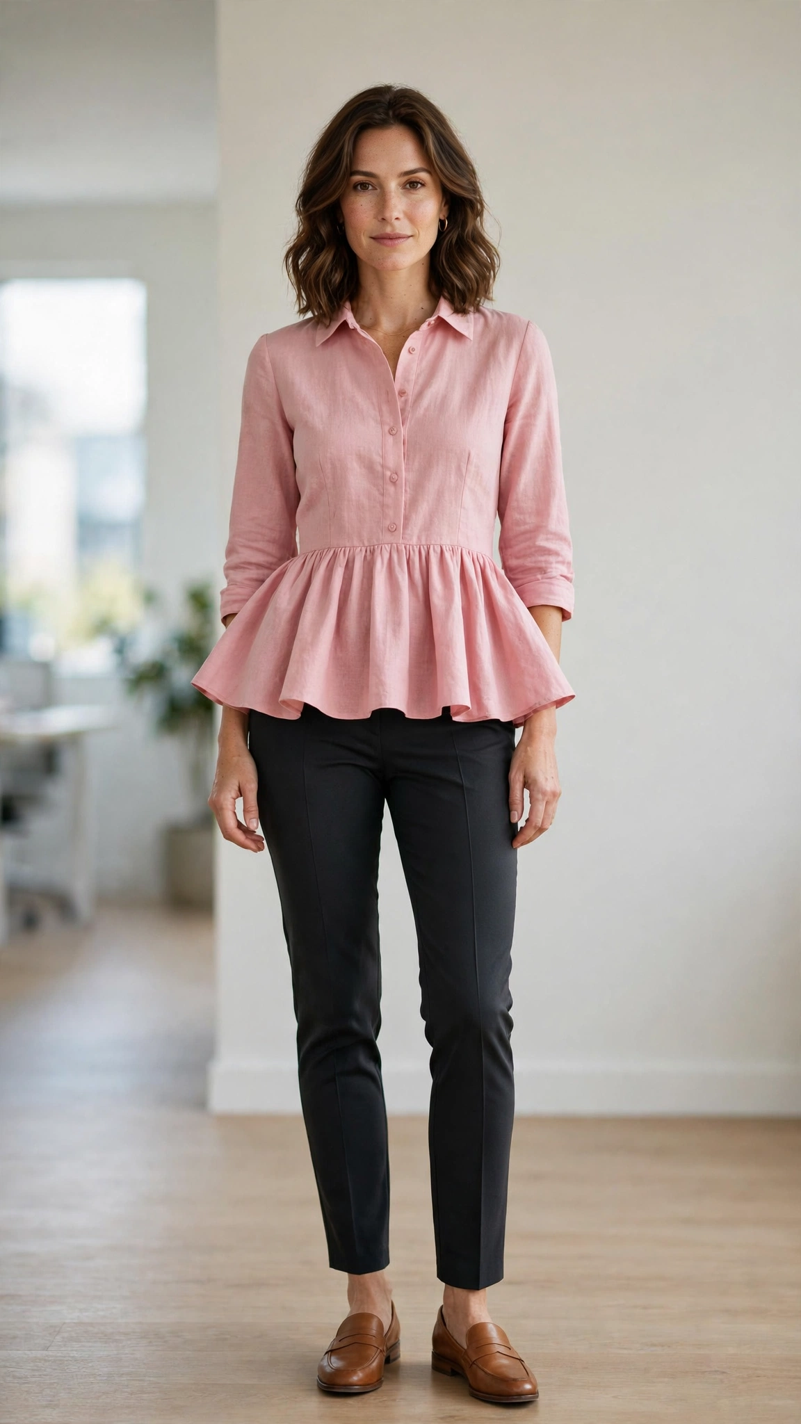 Pink Peplum Blouse and Slim Trousers with tan leather loafers
