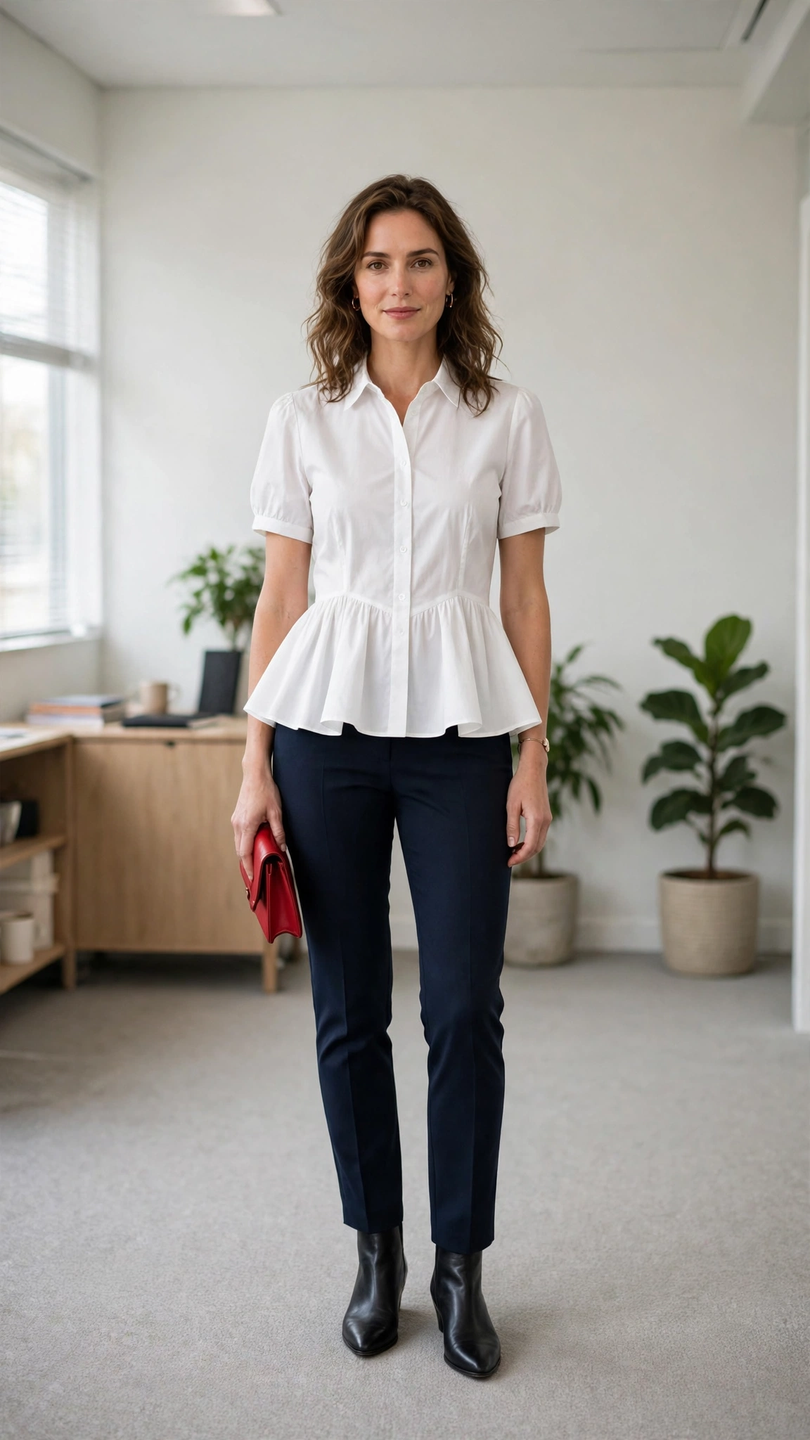 White Peplum Blouse and Slim Trousers with a red clutch