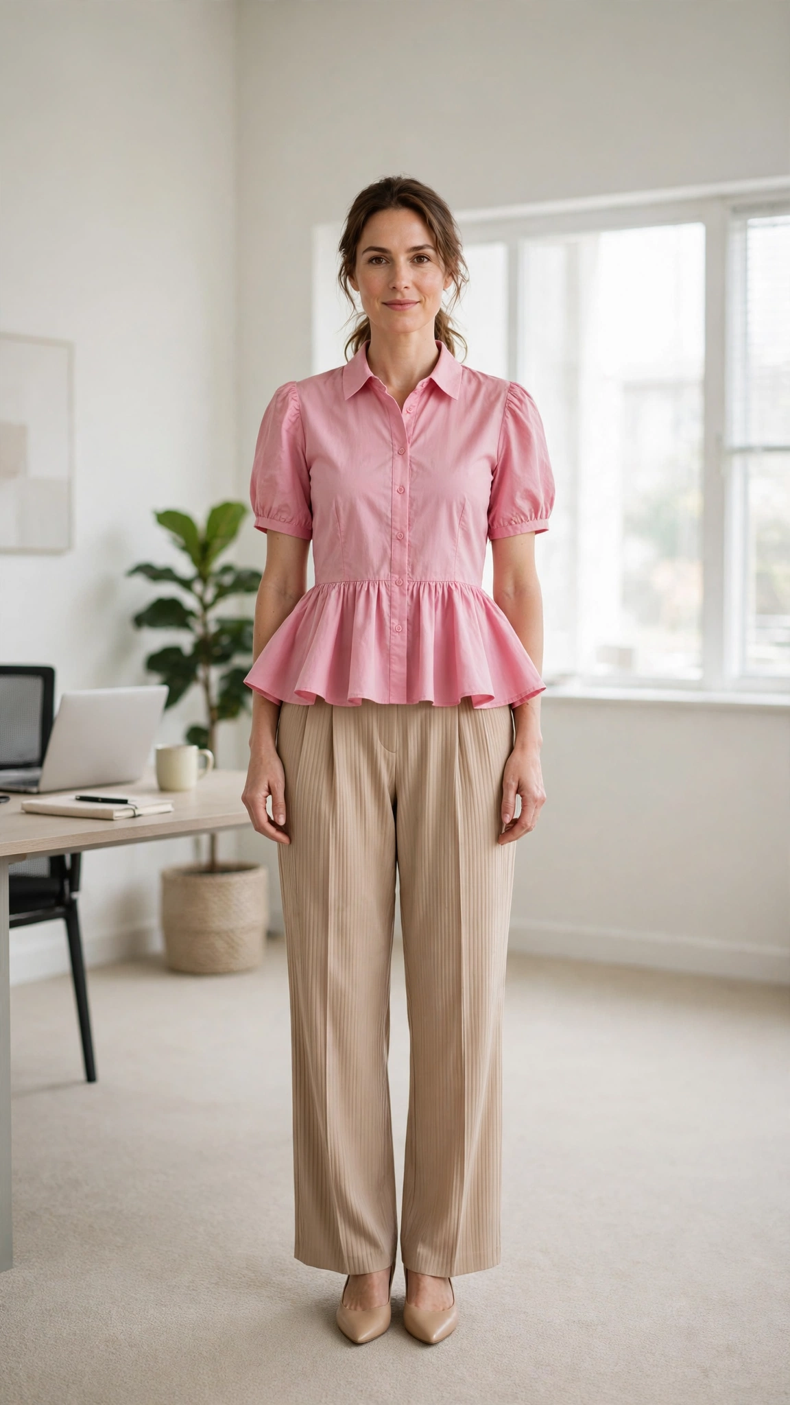 Pink Peplum Blouse and Pleated Trousers with nude pointed flats