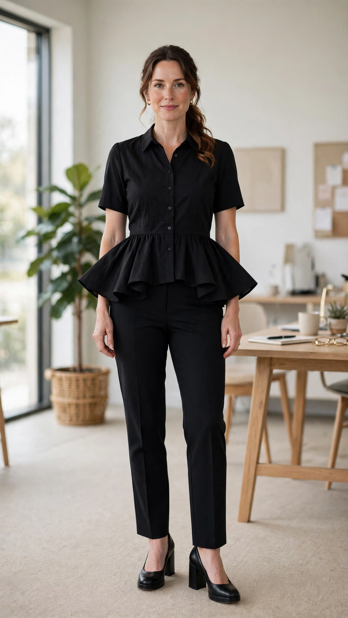 Black Peplum Blouse and Tailored Trousers with black block-heel pumps