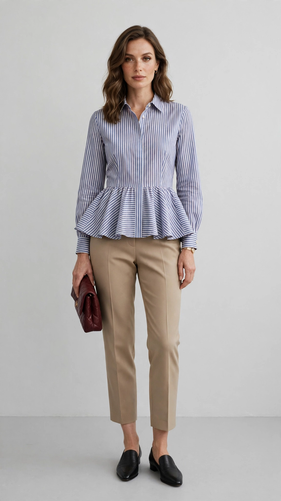 Striped Peplum Blouse and Cropped Trousers with a burgundy clutch