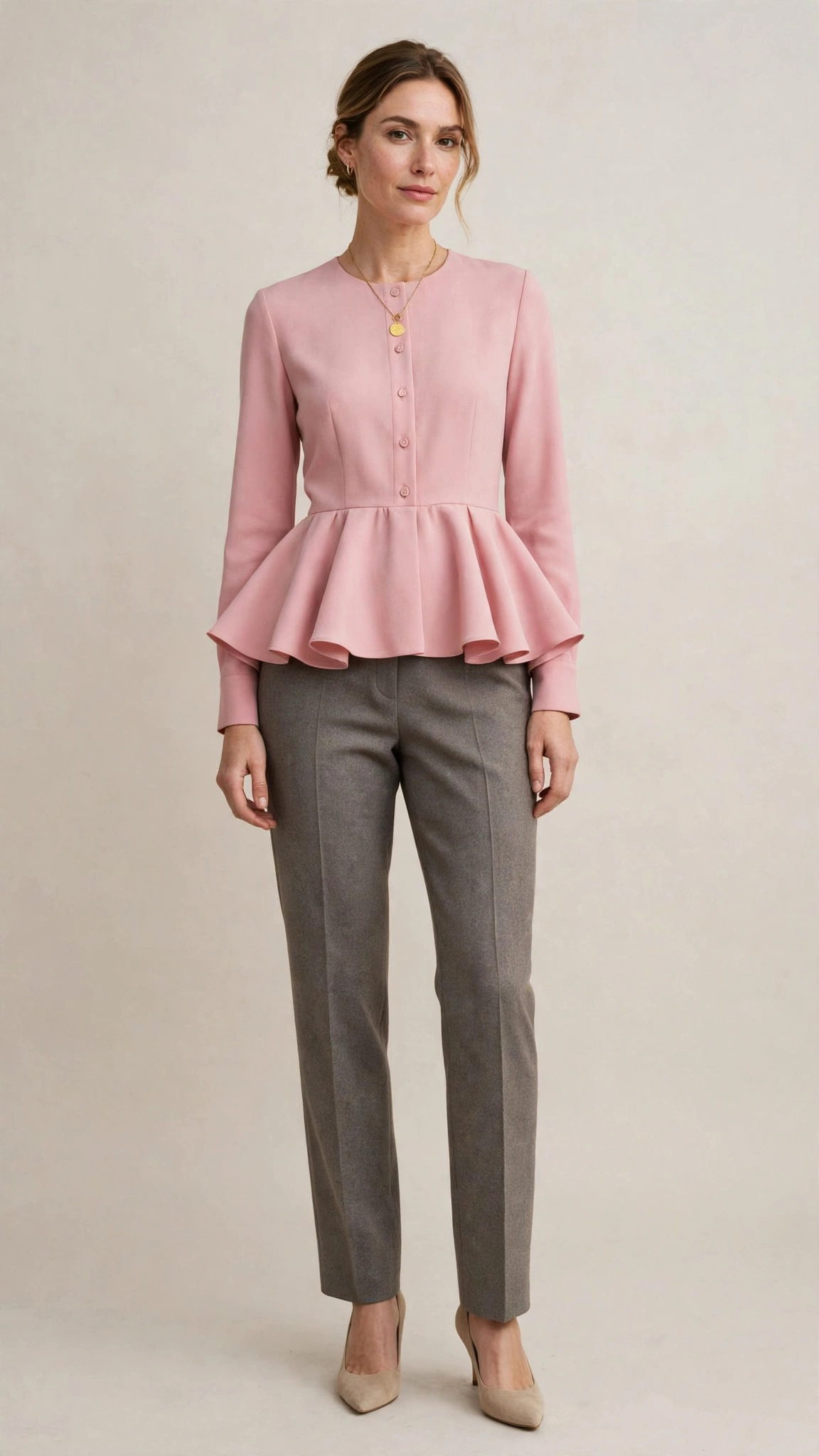 Pink Peplum Blouse and Wool Trousers with a gold pendant necklace