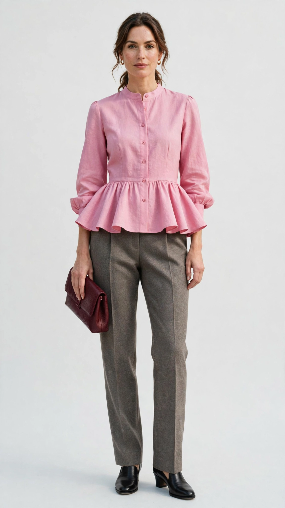 Pink Peplum Blouse and Wool Trousers with a burgundy clutch