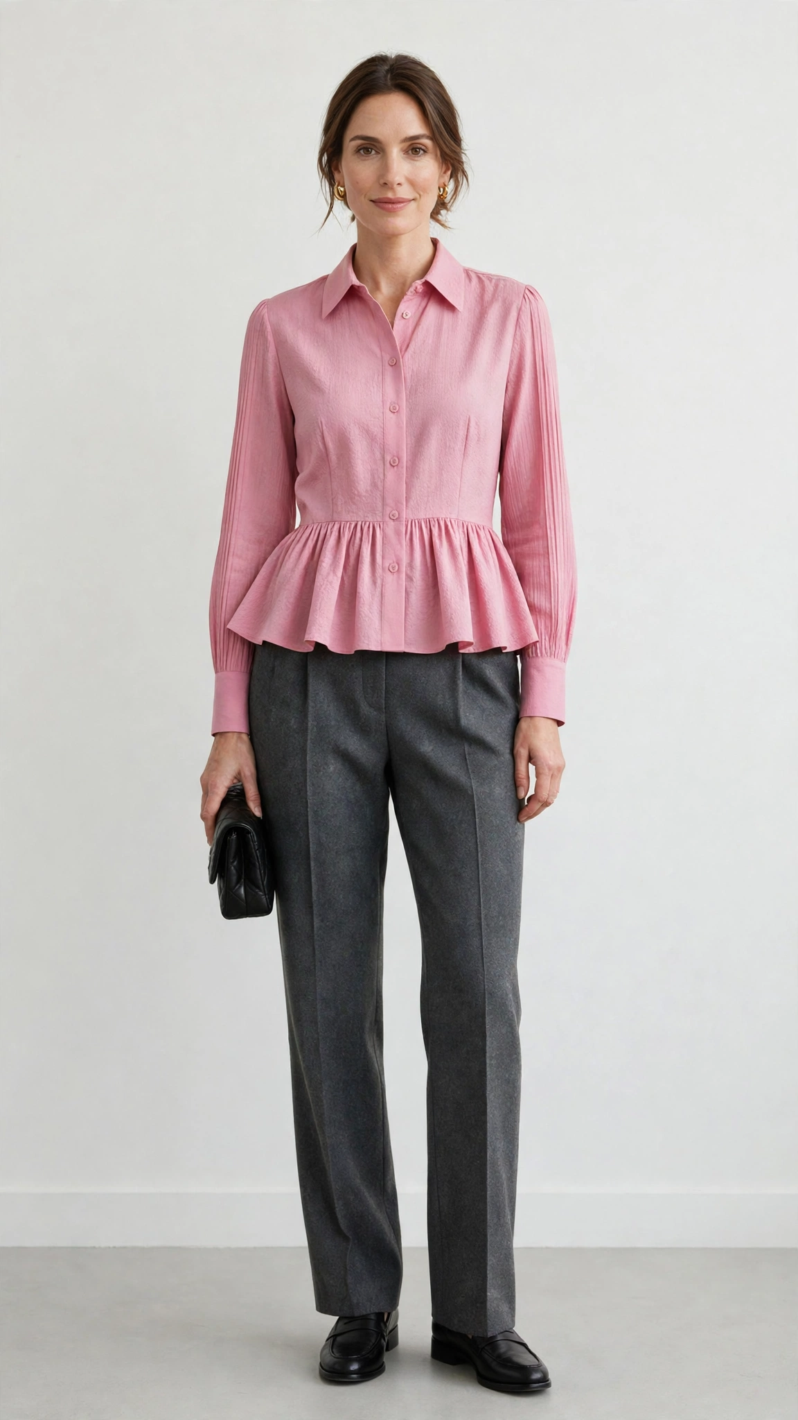 Pink Peplum Blouse and Wool Trousers with a small black clutch