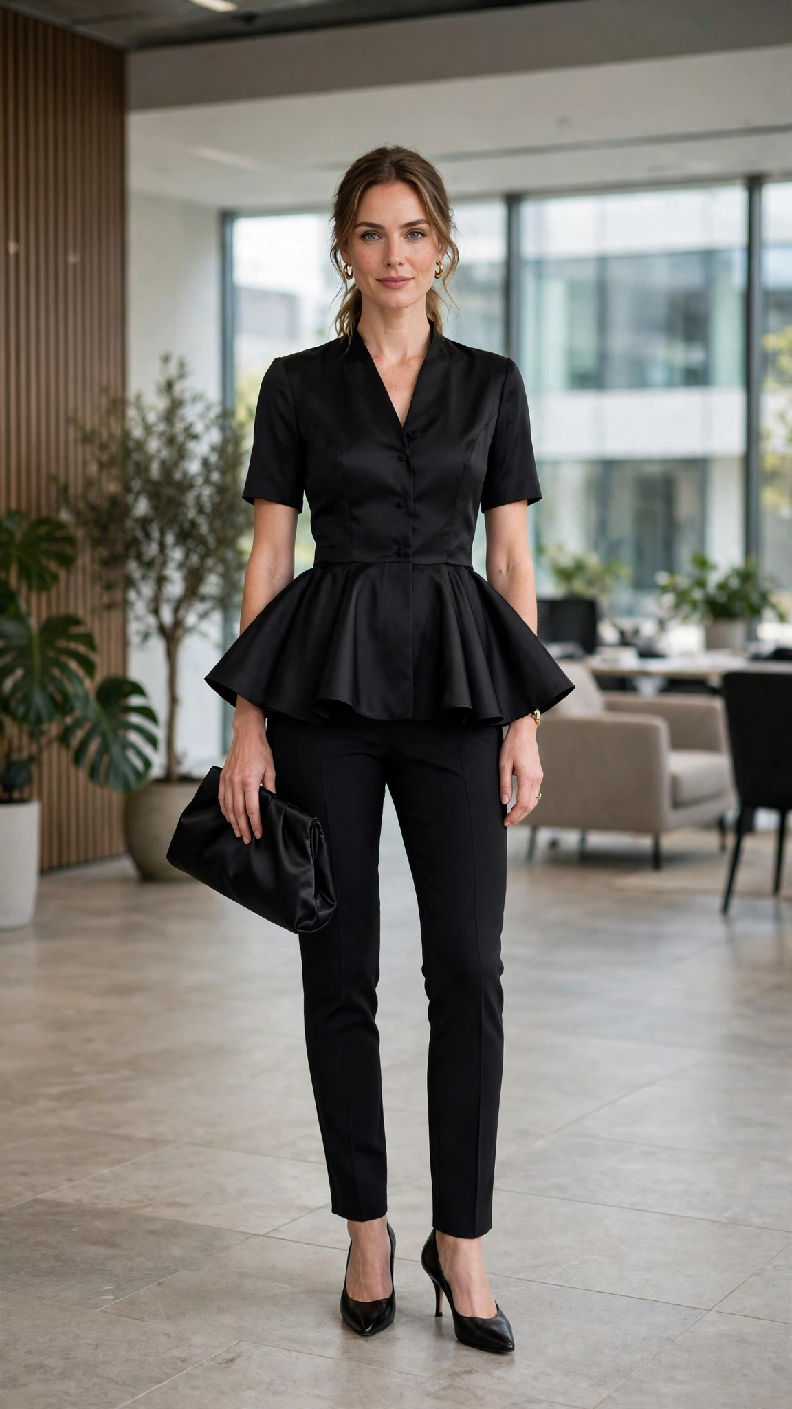 Black Peplum Blouse and Slim Trousers with a black satin clutch