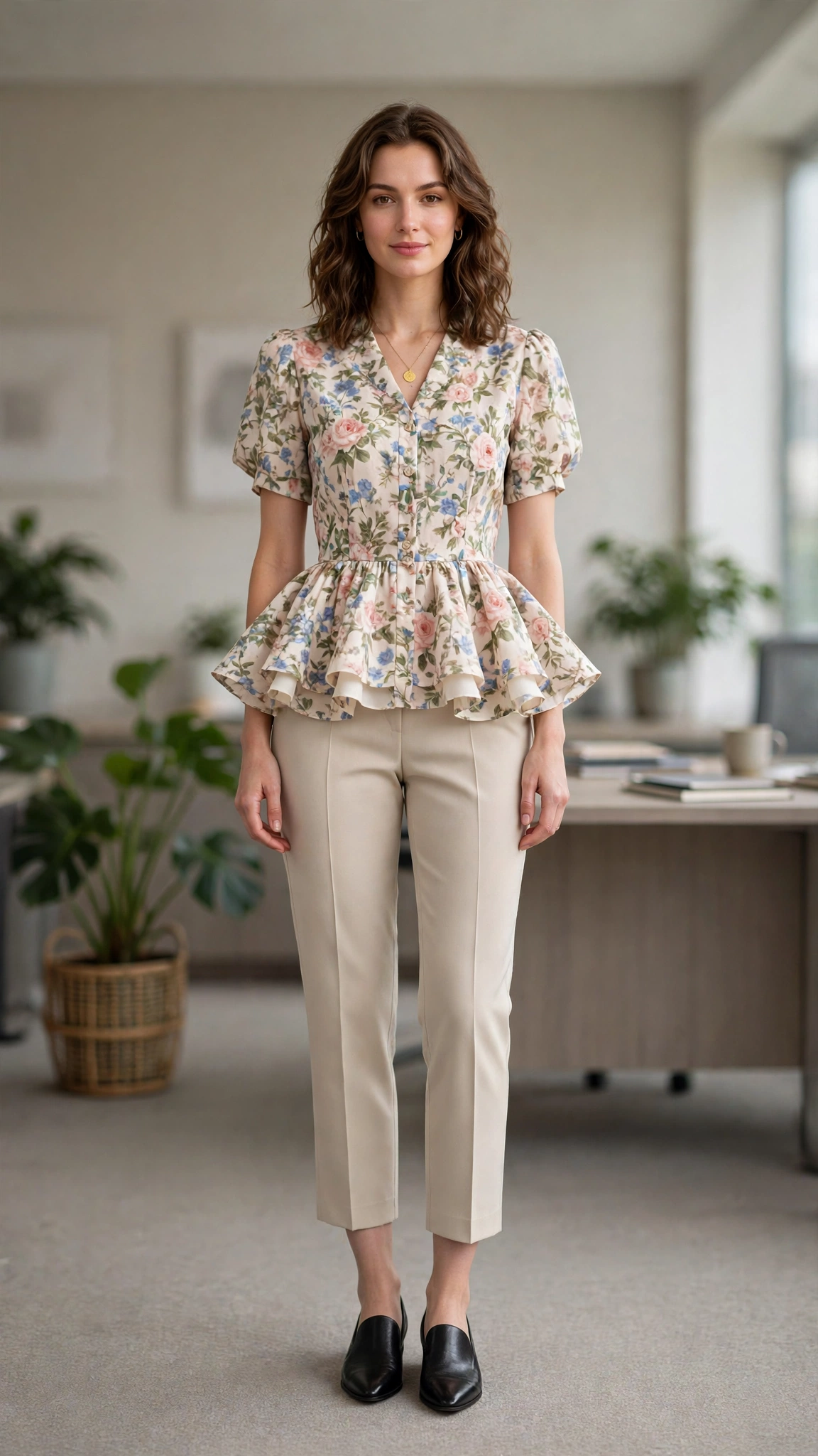 Floral Peplum Blouse and Cropped Trousers with a gold pendant necklace
