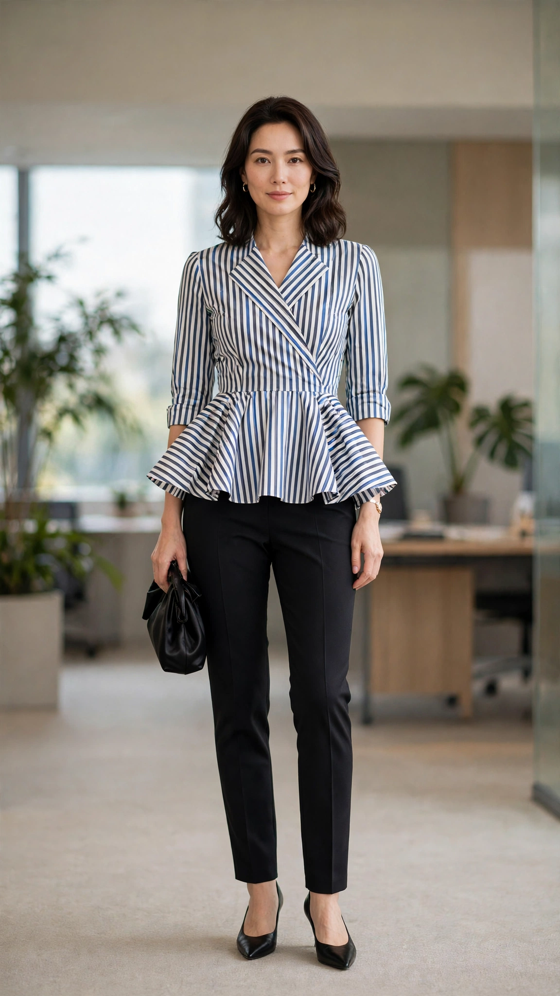 Striped Peplum Blouse and Slim Trousers with a black satin clutch