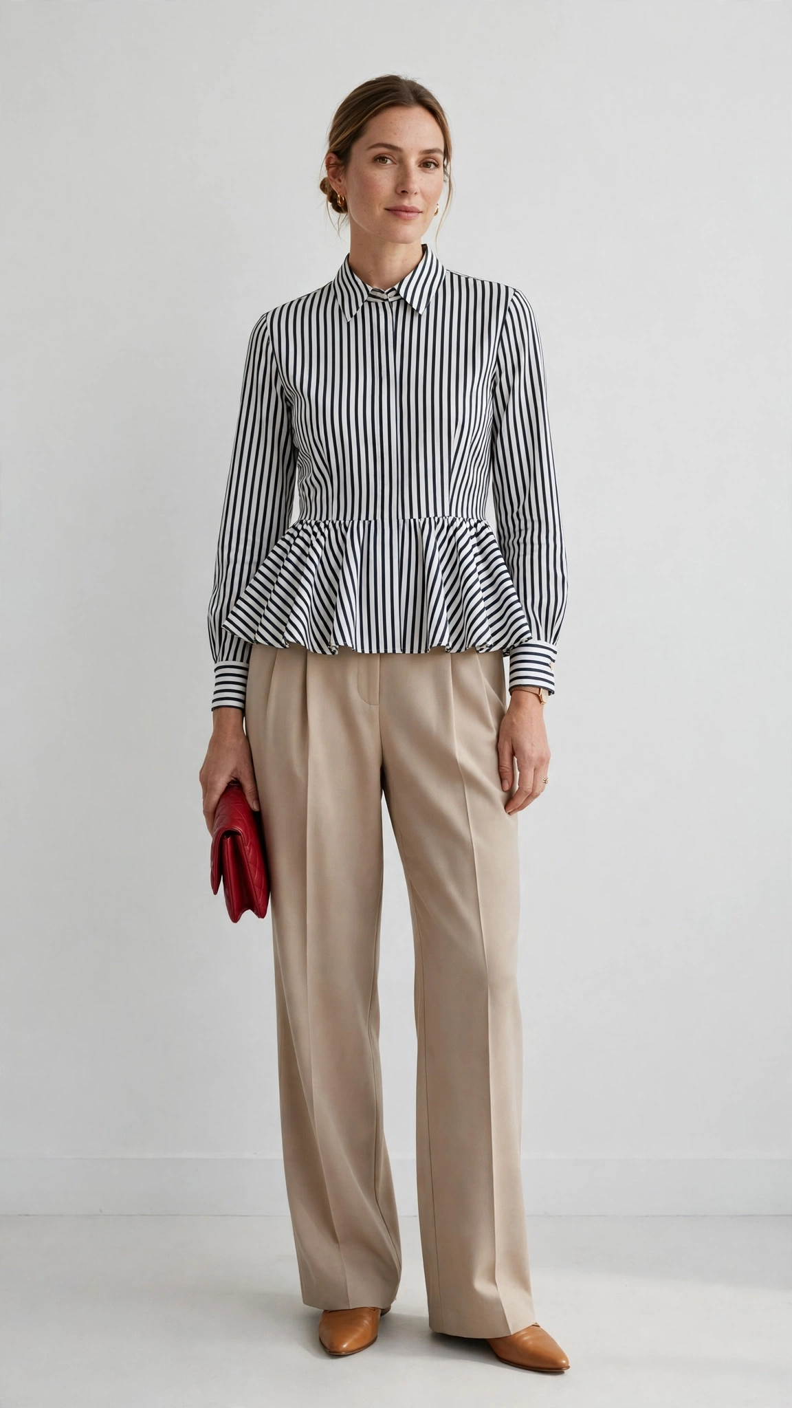 Striped Peplum Blouse and Pleated Trousers with a red clutch