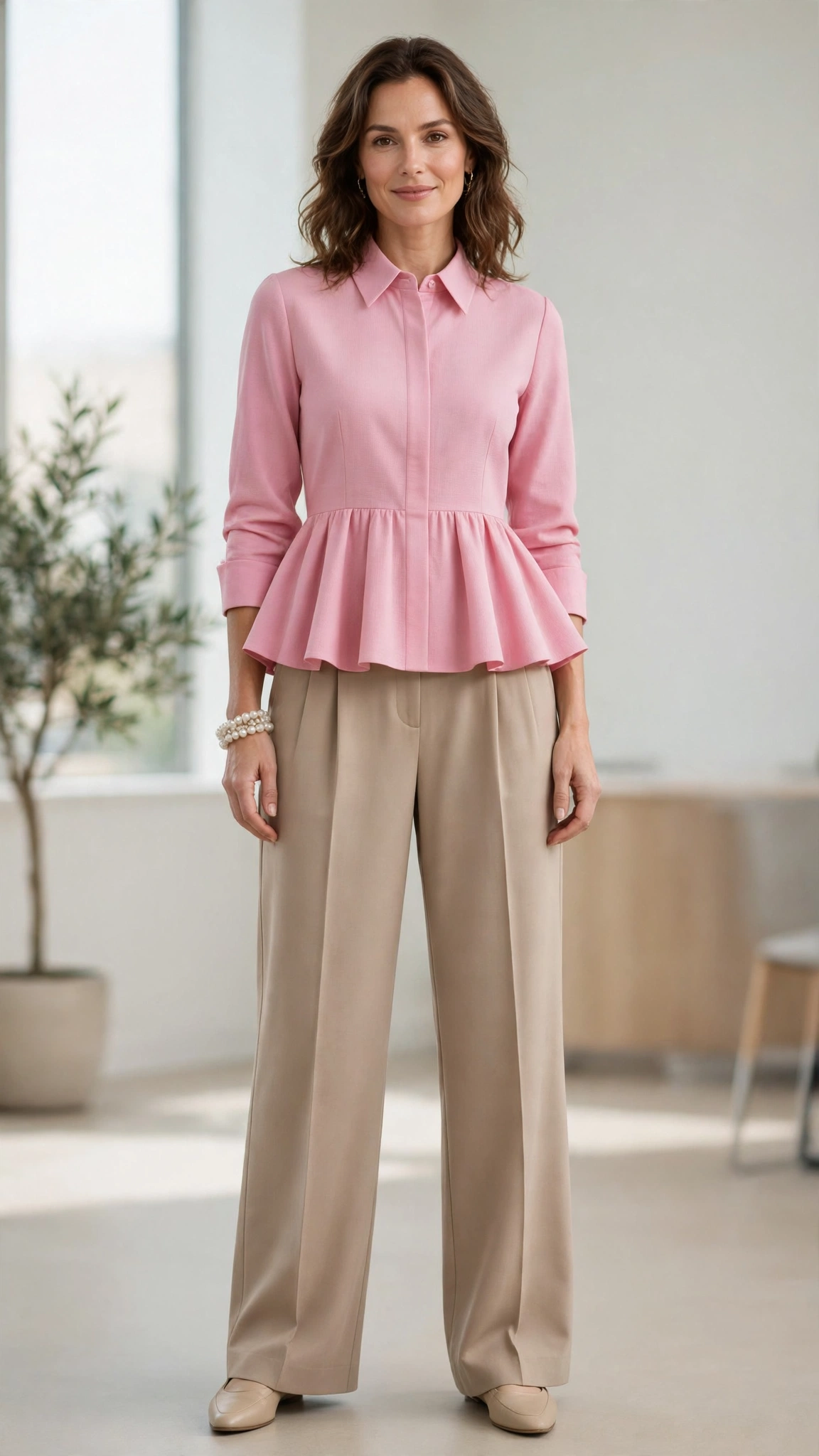 Pink Peplum Blouse and Pleated Trousers with a pearl bracelet