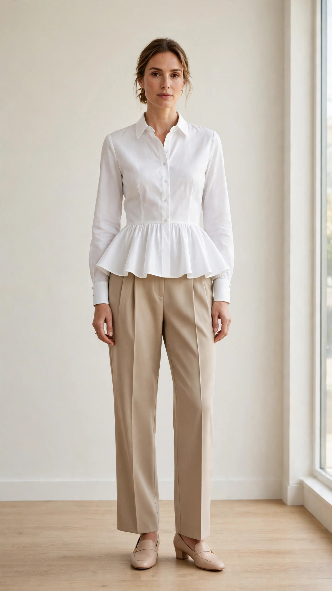 White Peplum Blouse and Pleated Trousers with comfortable low heels