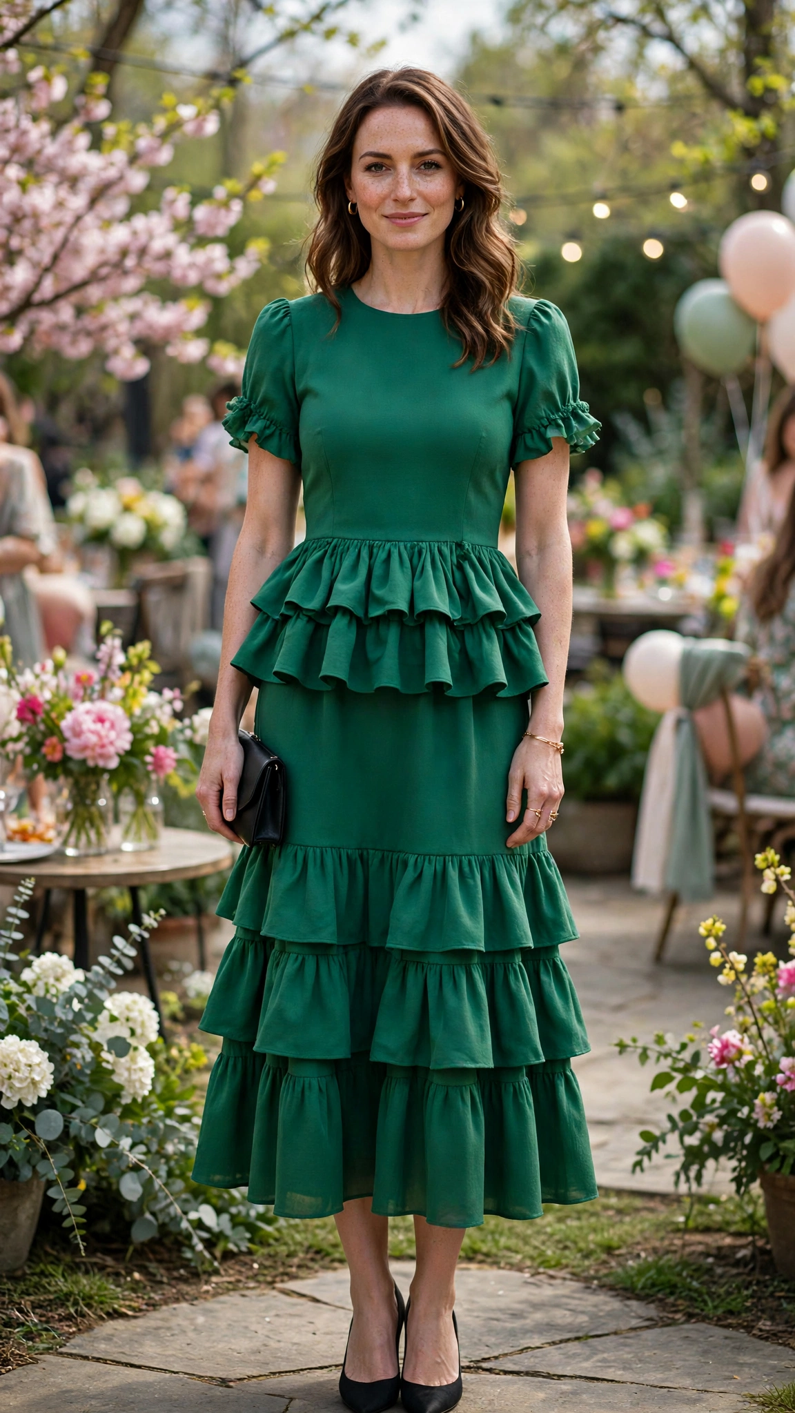 38 Peplum Dress Outfits for Spring Parties That Are Chic, Fresh and Elegant 2 Green Peplum Tiered Dress with a small black clutch