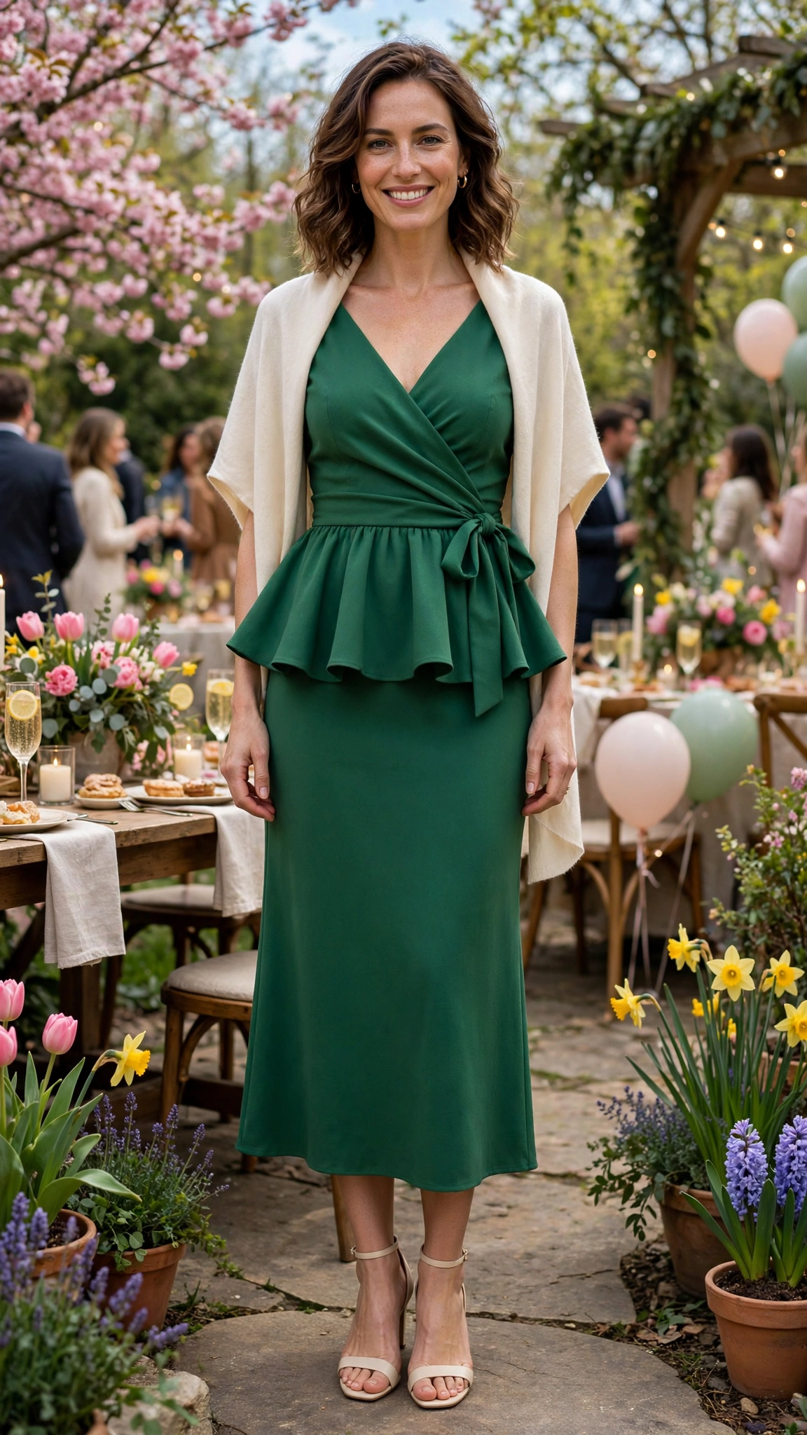 38 Peplum Dress Outfits for Spring Parties That Are Chic, Fresh and Elegant 3 Green Peplum Wrap Dress with a cream wrap