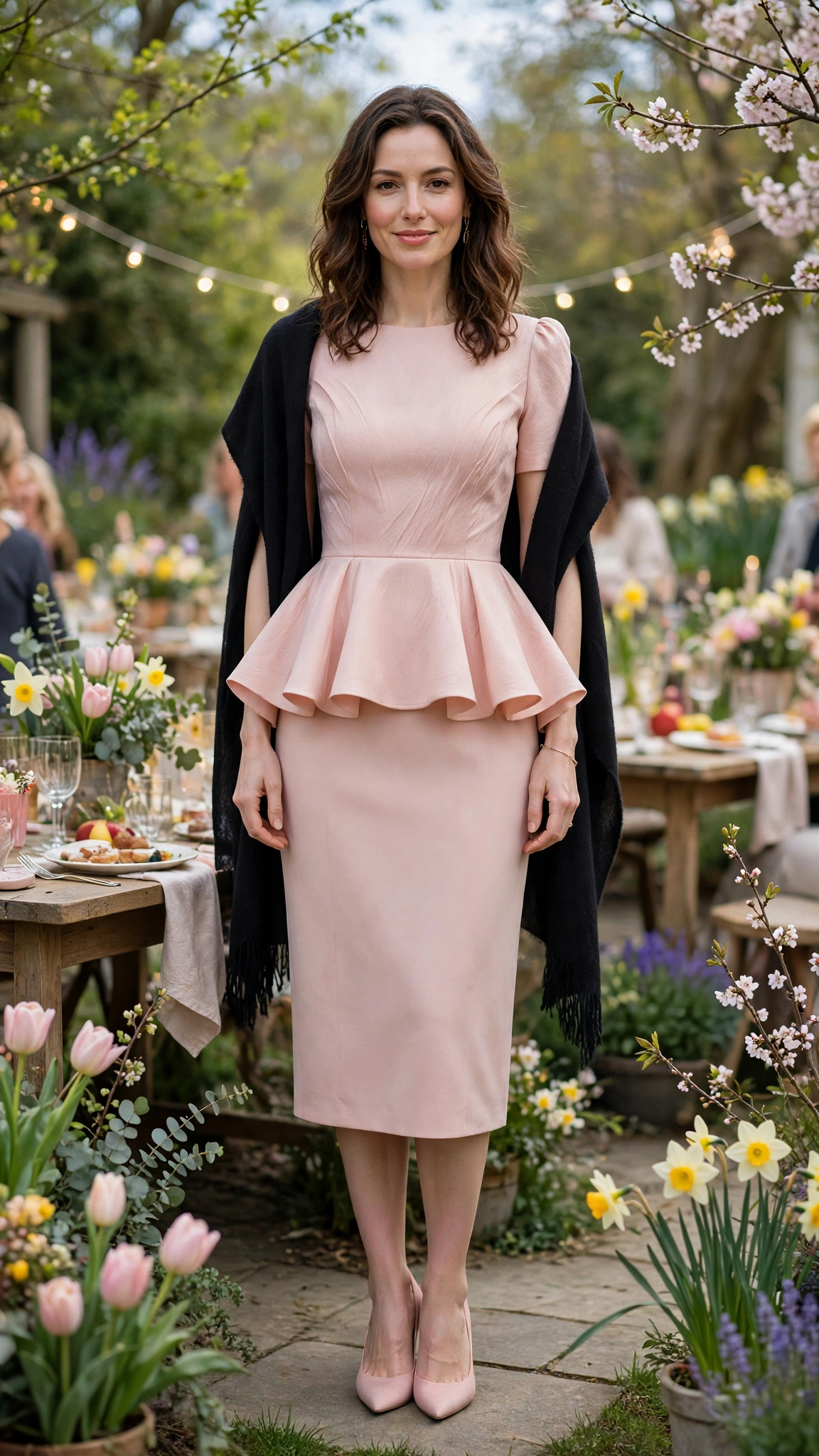 38 Peplum Dress Outfits for Spring Parties That Are Chic, Fresh and Elegant 4 Blush Peplum Dress with a soft black shawl