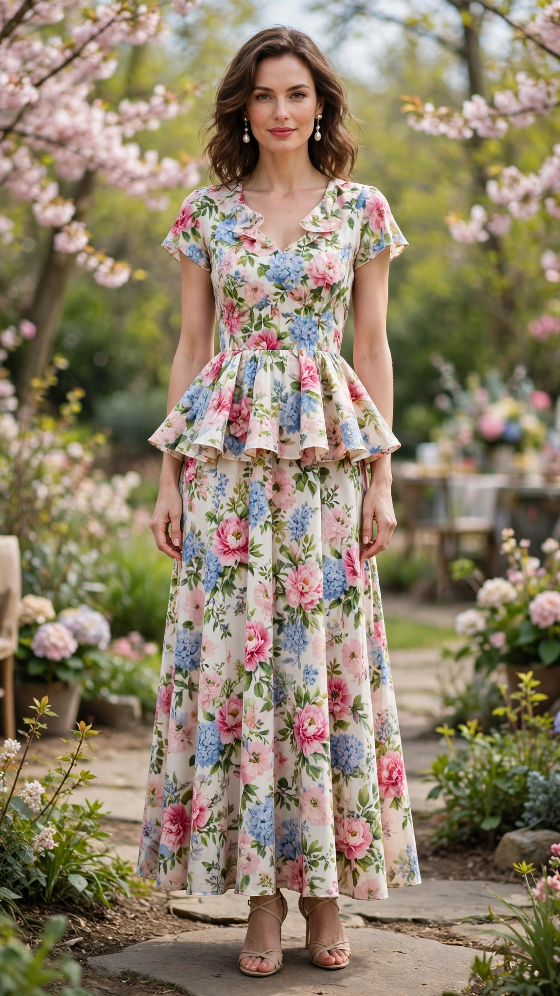 38 Peplum Dress Outfits for Spring Parties That Are Chic, Fresh and Elegant 7 Floral Peplum Maxi Dress with pearl drop earrings