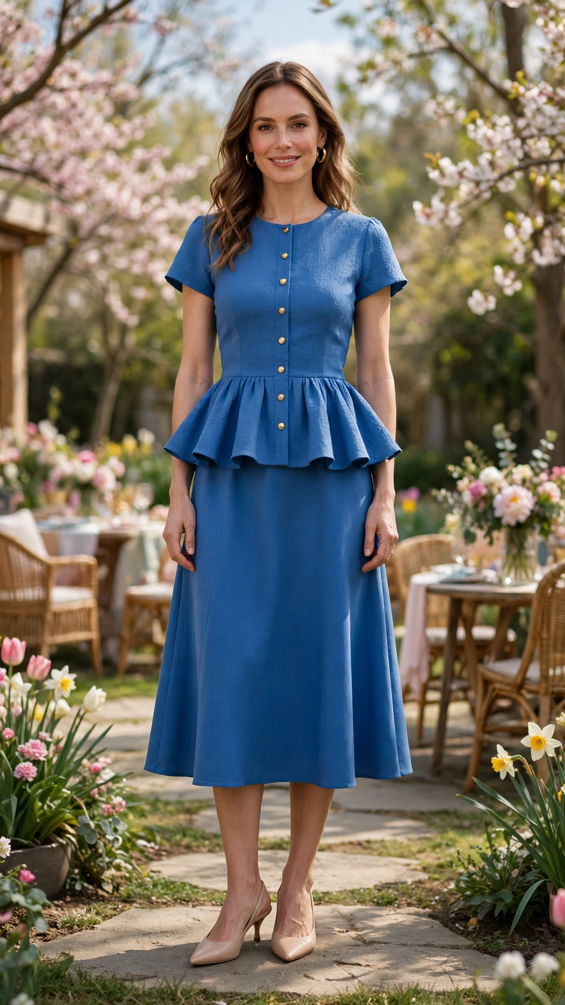 38 Peplum Dress Outfits for Spring Parties That Are Chic, Fresh and Elegant 8 Blue Peplum Dress with gold hoop earrings
