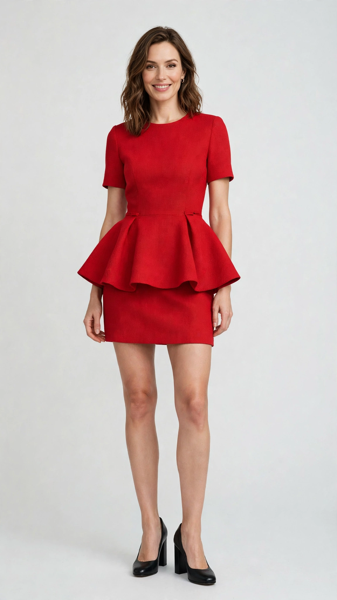38 Peplum Dress Outfits for Spring Parties That Are Chic, Fresh and Elegant 11 Red Peplum Mini Dress with black block-heel pumps