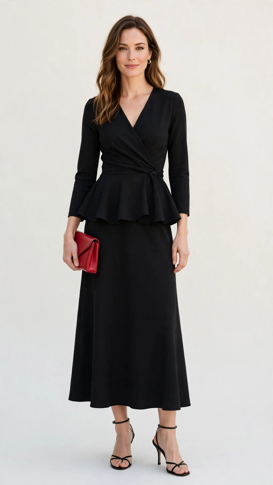 38 Peplum Dress Outfits for Spring Parties That Are Chic, Fresh and Elegant 12 Black Peplum Wrap Dress with a red clutch