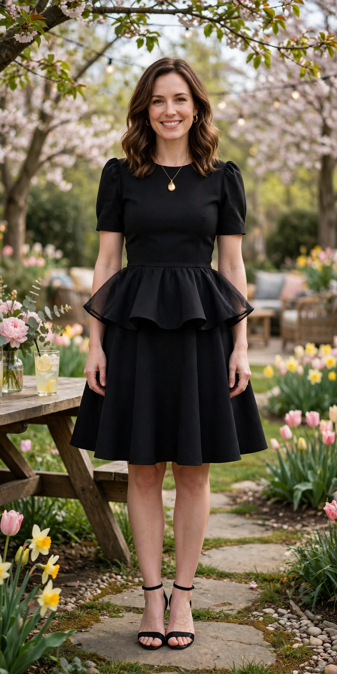 38 Peplum Dress Outfits for Spring Parties That Are Chic, Fresh and Elegant 16 Black Peplum Fit-and-Flare Dress with a gold pendant necklace