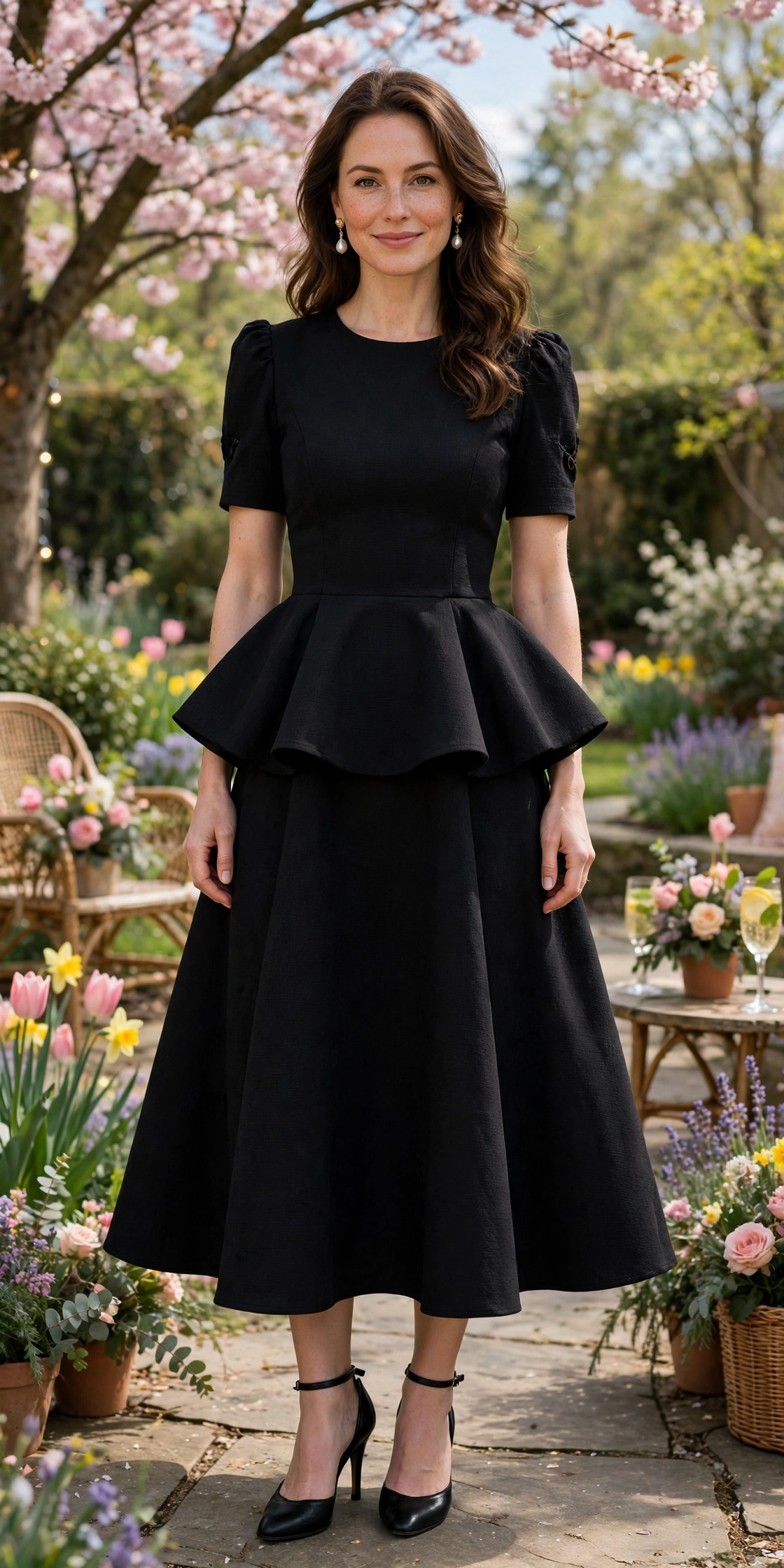 38 Peplum Dress Outfits for Spring Parties That Are Chic, Fresh and Elegant 17 Black Peplum Fit-and-Flare Dress with pearl drop earrings