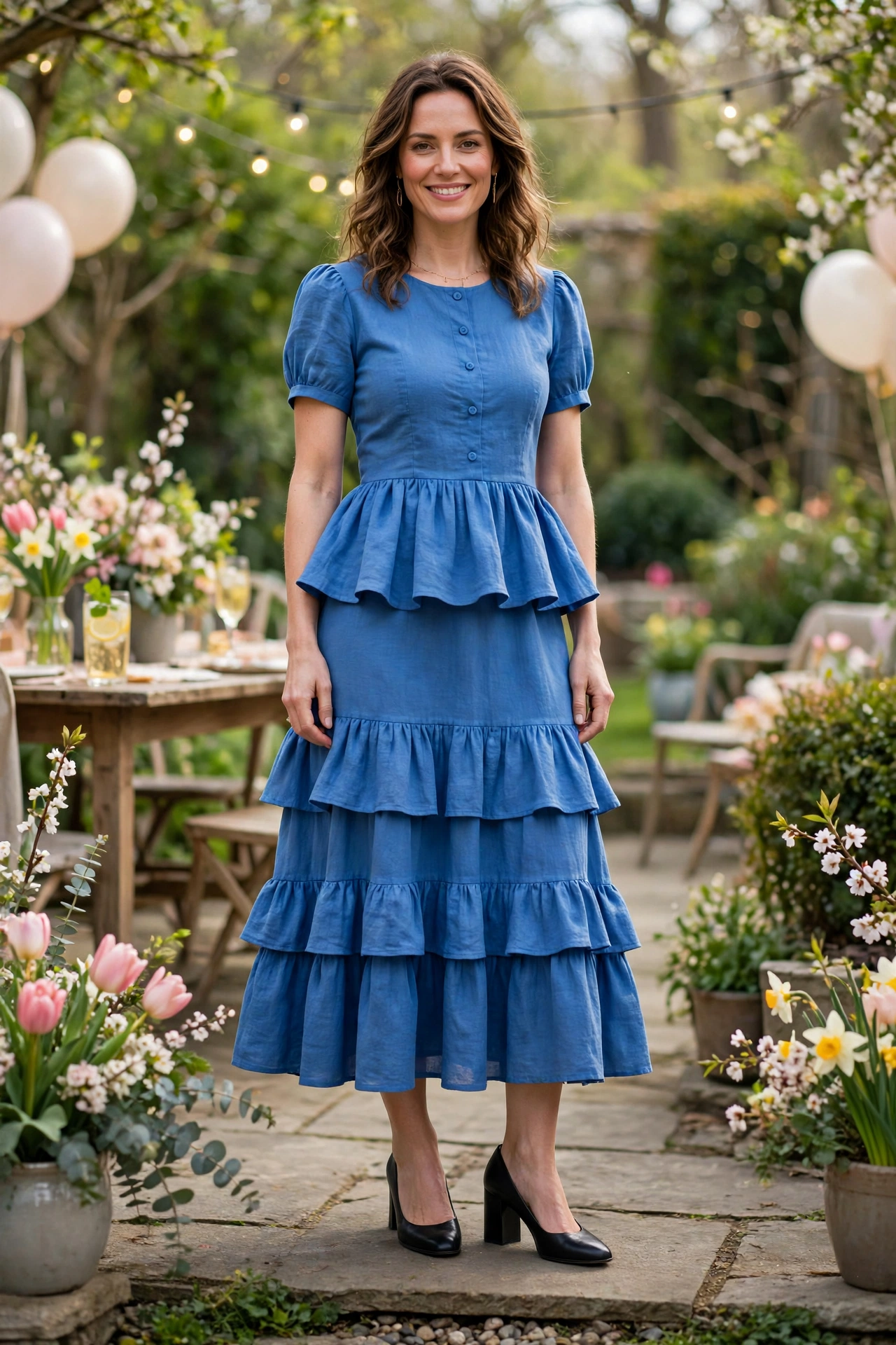 38 Peplum Dress Outfits for Spring Parties That Are Chic, Fresh and Elegant 18 Blue Peplum Tiered Dress with black block-heel pumps