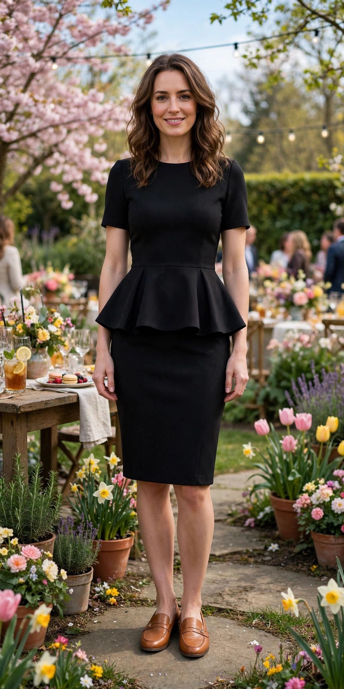 38 Peplum Dress Outfits for Spring Parties That Are Chic, Fresh and Elegant 19 Black Peplum Sheath Dress with tan leather loafers