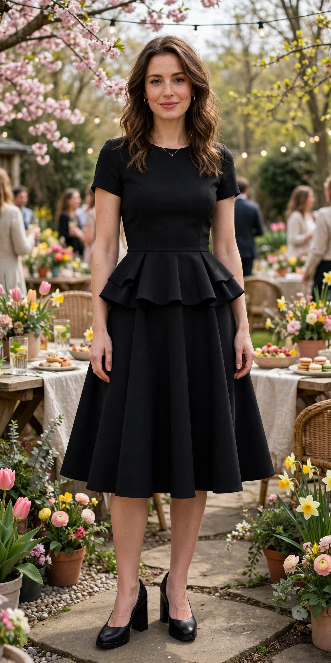 38 Peplum Dress Outfits for Spring Parties That Are Chic, Fresh and Elegant 21 Black Peplum Fit-and-Flare Dress with black block-heel pumps
