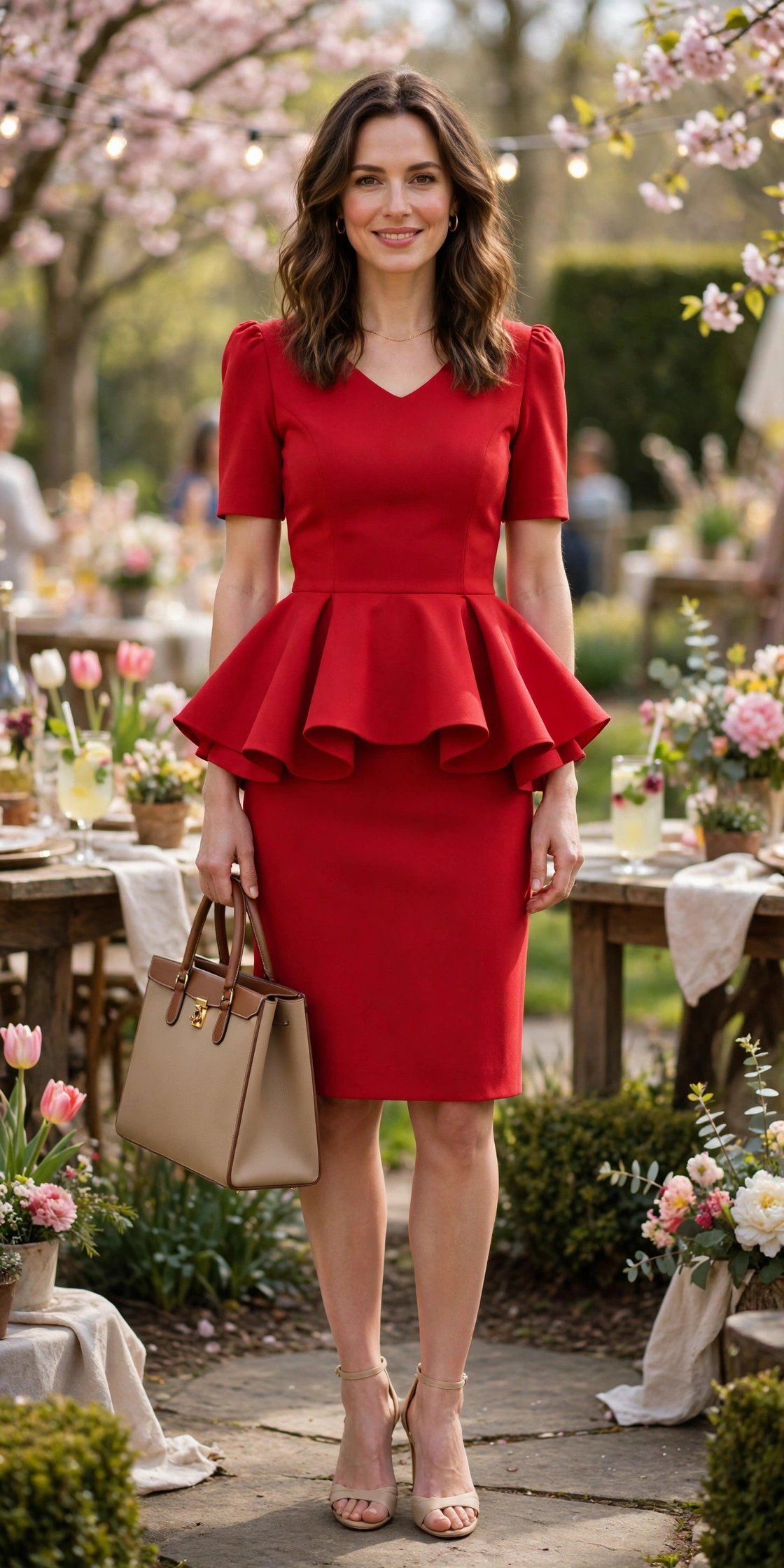 38 Peplum Dress Outfits for Spring Parties That Are Chic, Fresh and Elegant 22 Red Peplum Dress with a structured tote