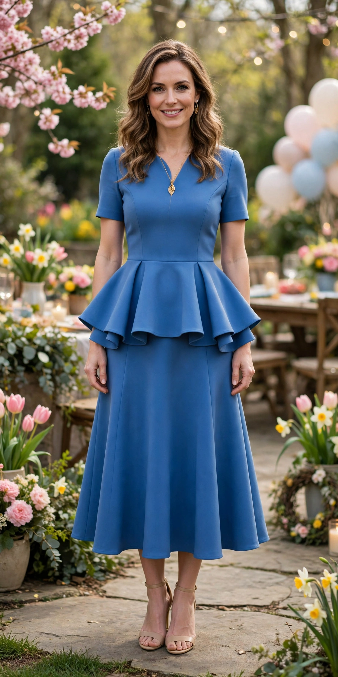 38 Peplum Dress Outfits for Spring Parties That Are Chic, Fresh and Elegant 25 Blue Peplum Fit-and-Flare Dress with a gold pendant necklace
