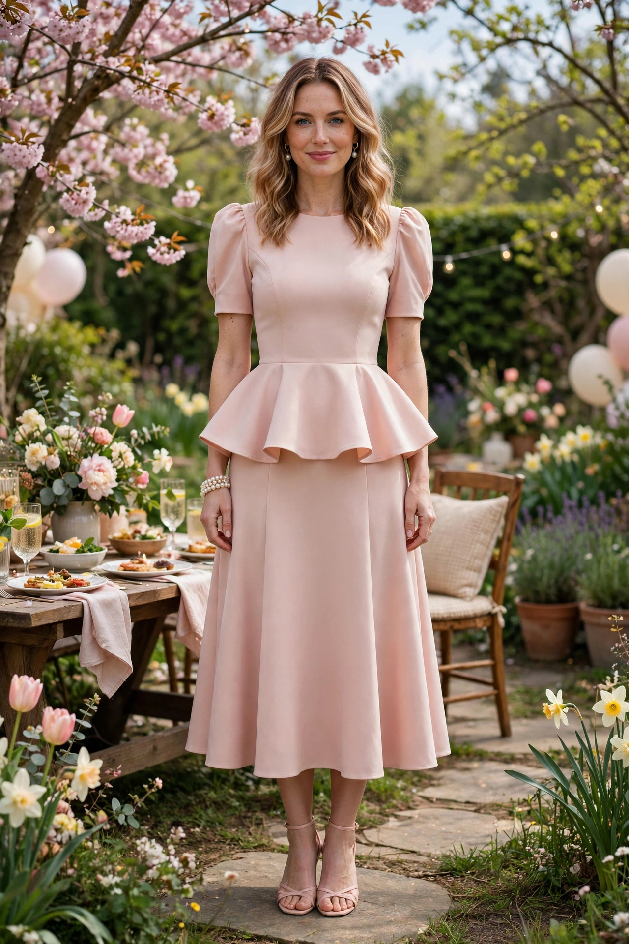 38 Peplum Dress Outfits for Spring Parties That Are Chic, Fresh and Elegant 27 Blush Peplum Midi Dress with a pearl bracelet