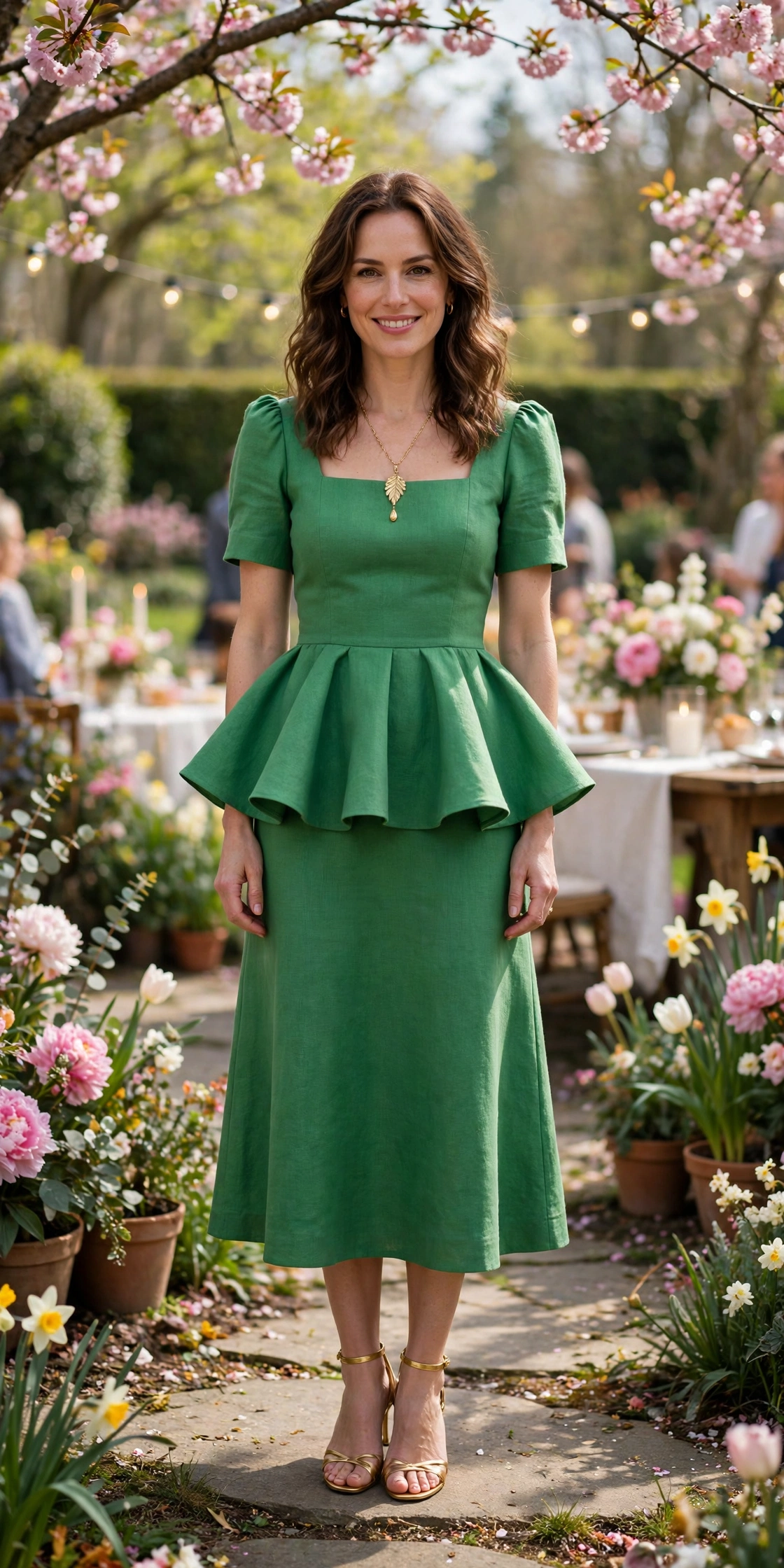 38 Peplum Dress Outfits for Spring Parties That Are Chic, Fresh and Elegant 28 Green Peplum Dress with a gold pendant necklace