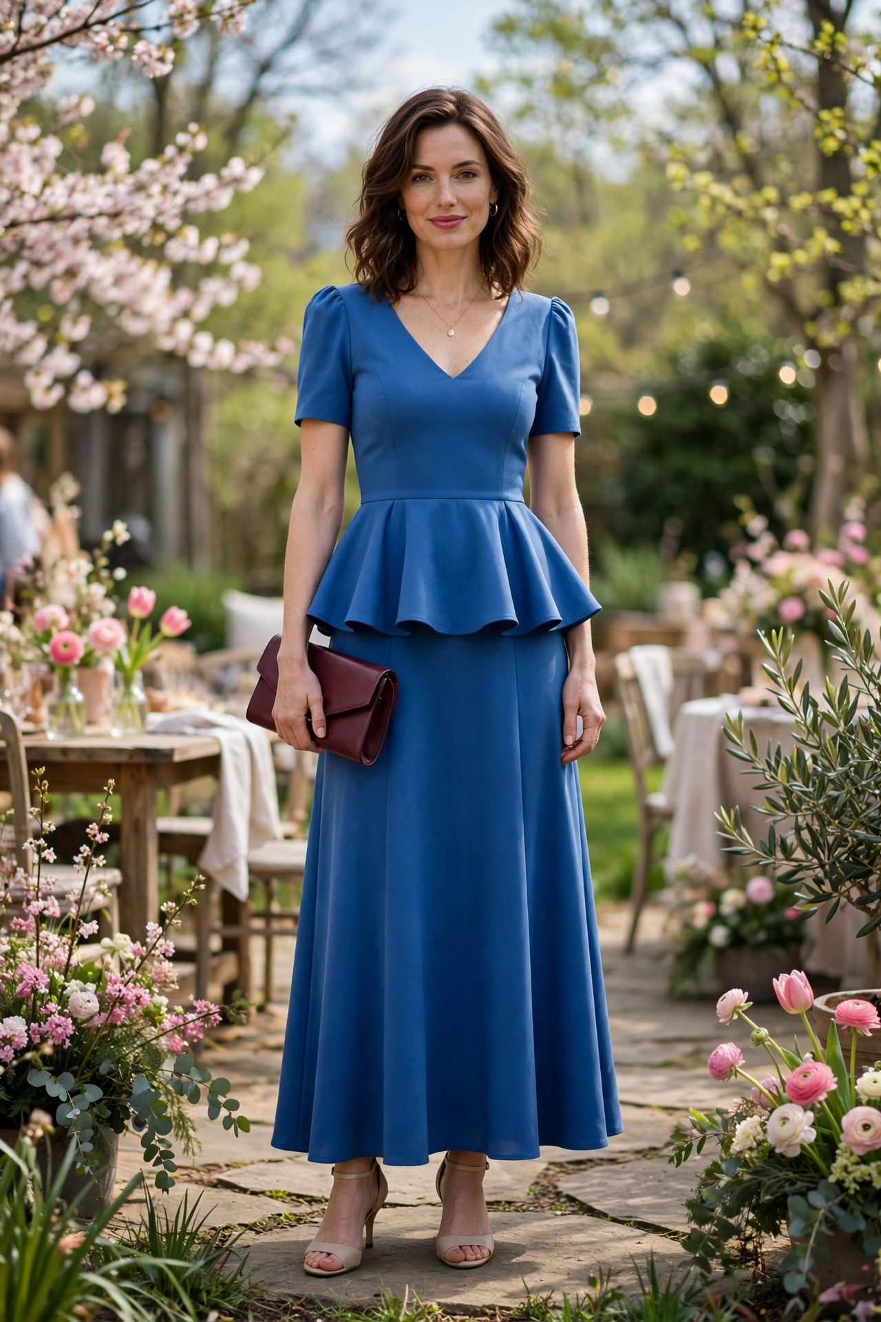 38 Peplum Dress Outfits for Spring Parties That Are Chic, Fresh and Elegant 30 Blue Peplum Maxi Dress with a burgundy clutch