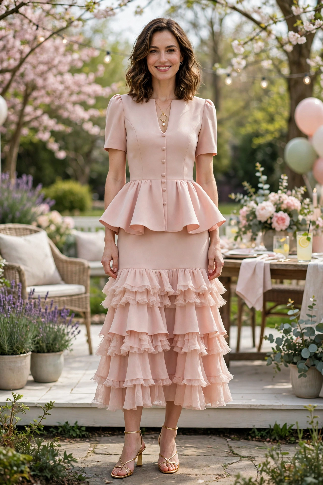 38 Peplum Dress Outfits for Spring Parties That Are Chic, Fresh and Elegant 31 Blush Peplum Tiered Dress with a gold pendant necklace