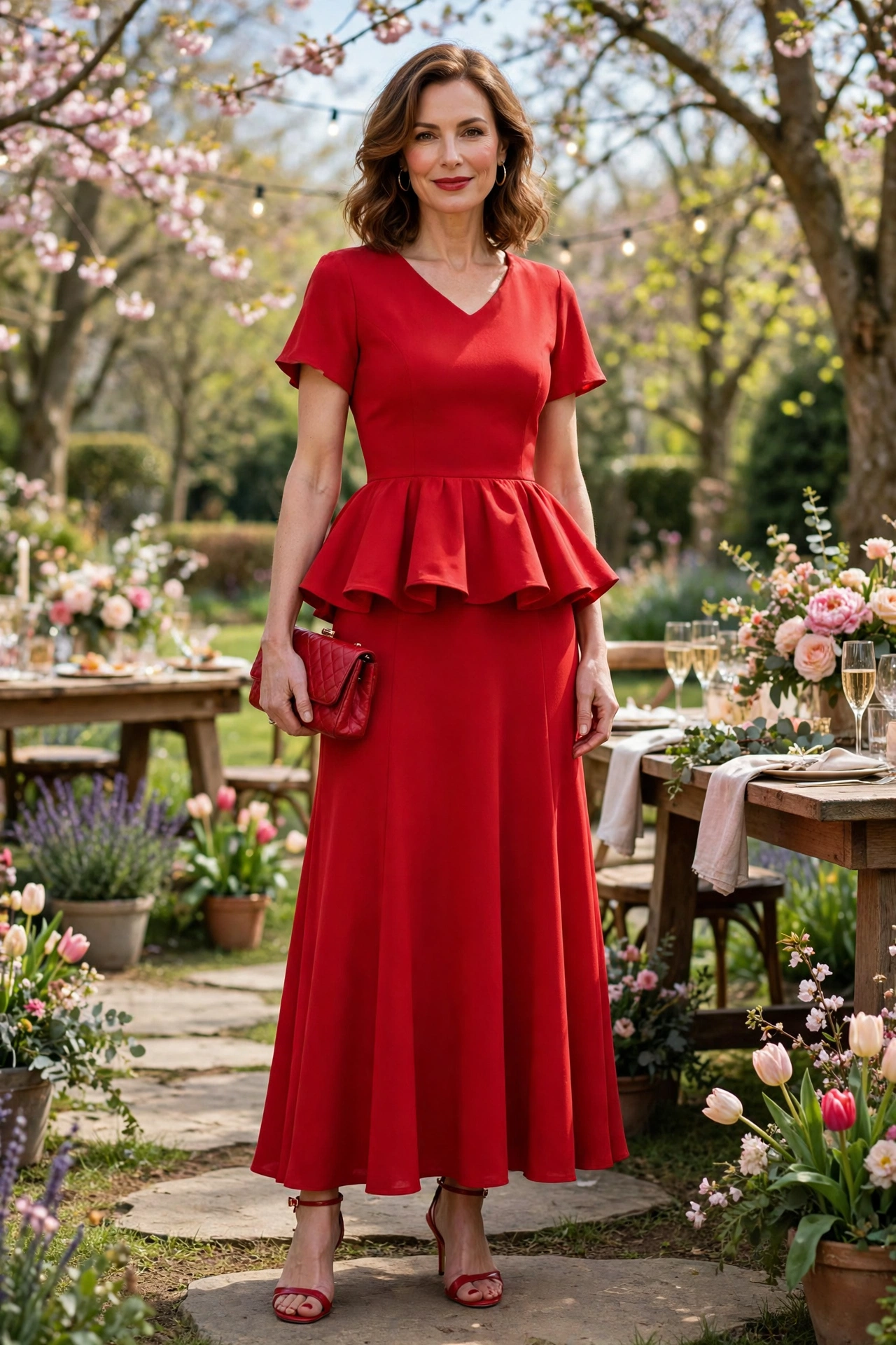 38 Peplum Dress Outfits for Spring Parties That Are Chic, Fresh and Elegant 34 Red Peplum Maxi Dress with a red clutch