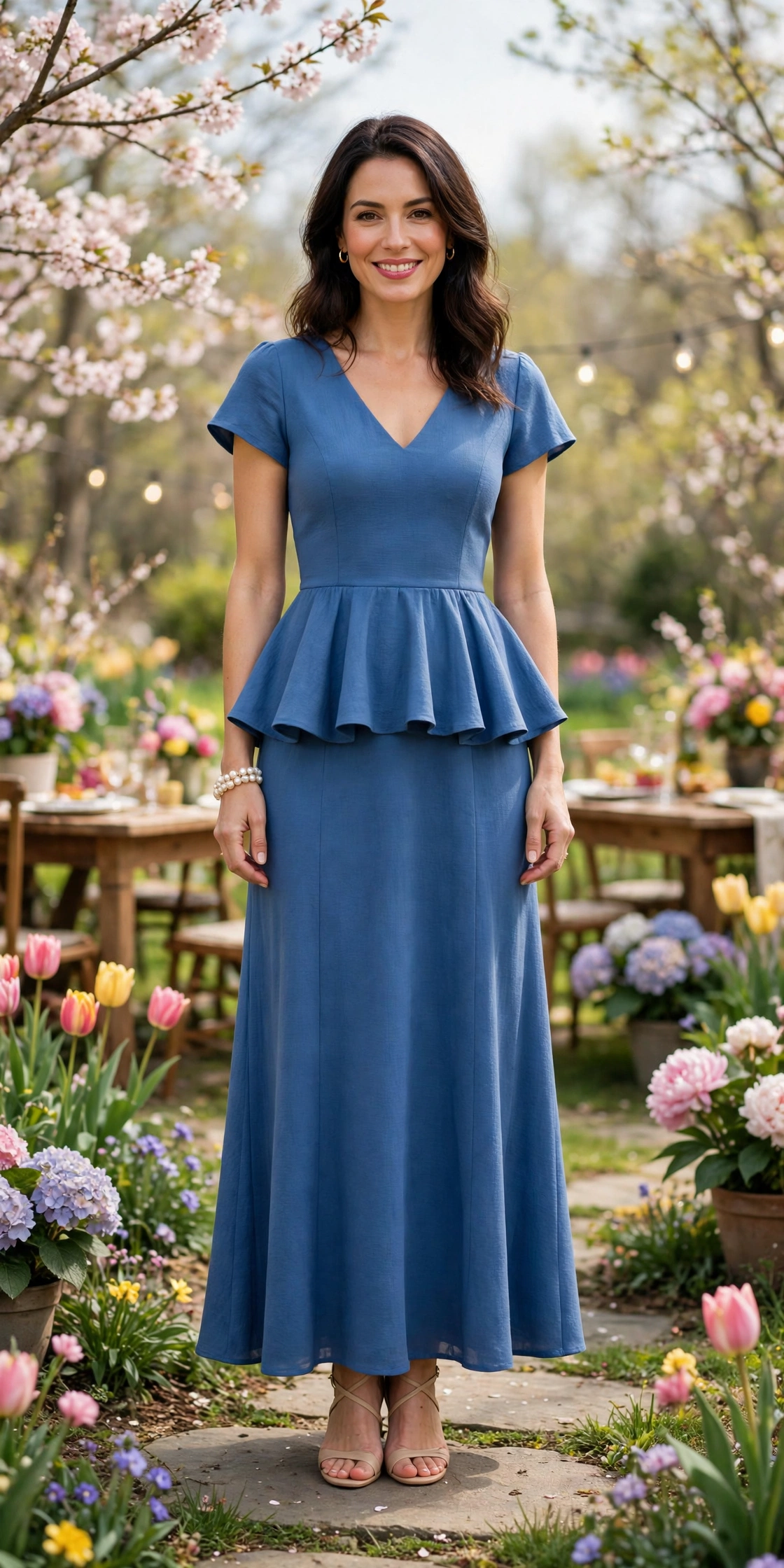 38 Peplum Dress Outfits for Spring Parties That Are Chic, Fresh and Elegant 35 Blue Peplum Maxi Dress with a pearl bracelet